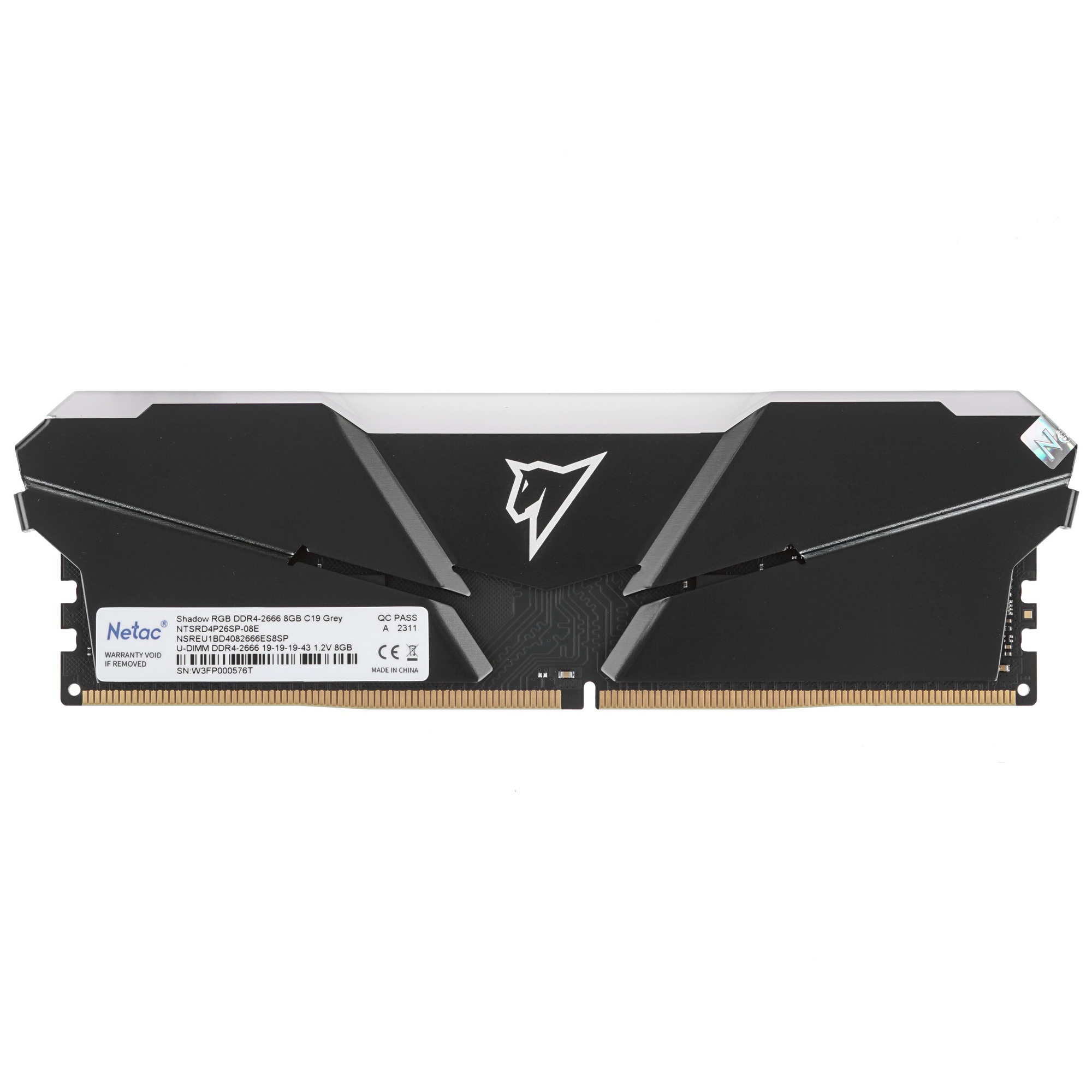 Оперативная память NETAC Shadow, DDR4, 8GB (1x8GB), 2666MHz, CL19, с радиаторами, RGB, черный