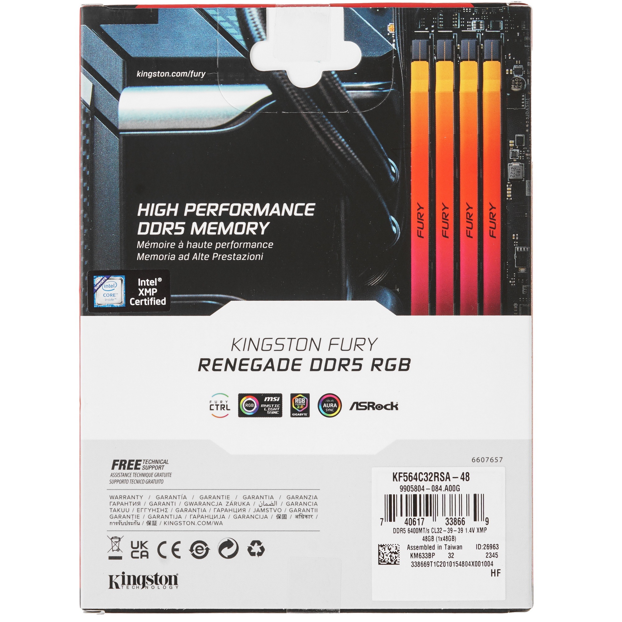 Оперативная память Kingston Fury Renegade, DDR5, 48GB (1x48GB), 6400MHz, CL32, с радиатором, RGB, се