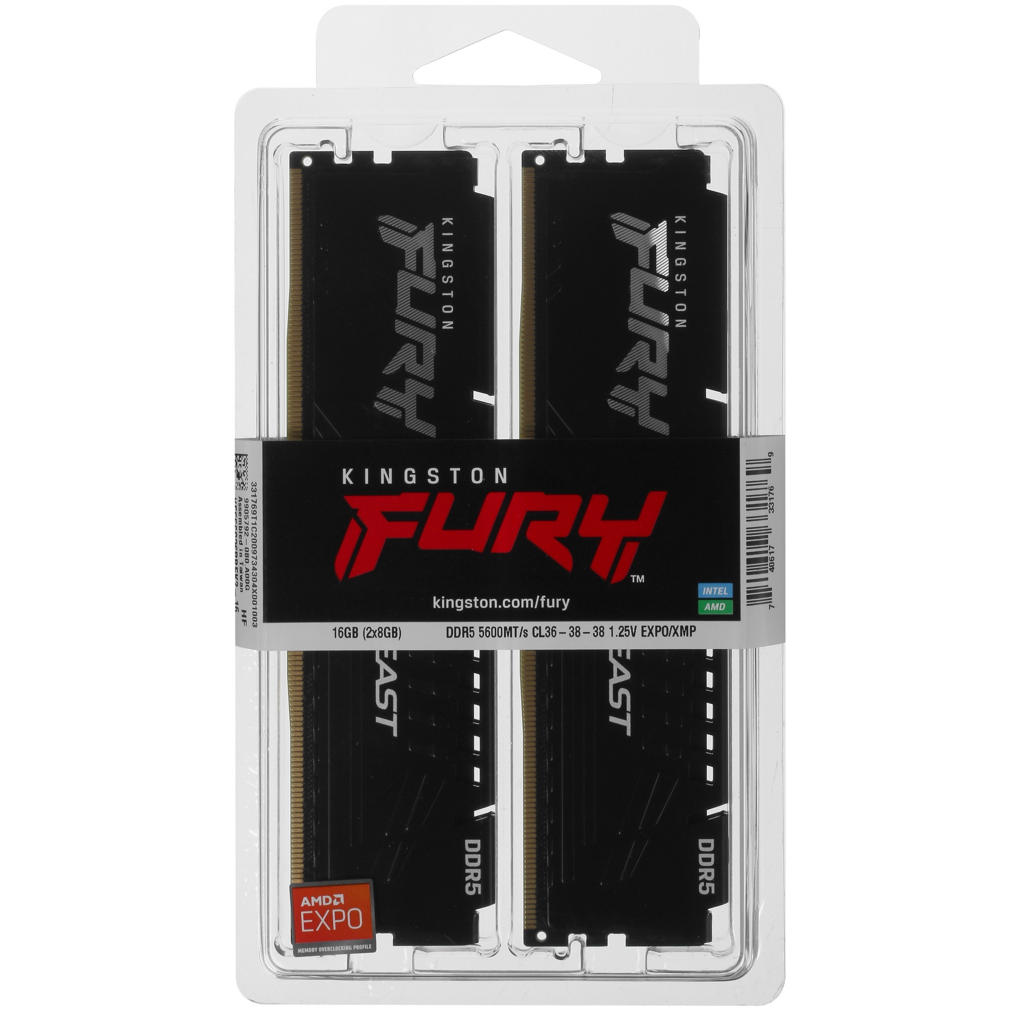 Оперативная память Kingston Fury Beast, DDR5, 16GB (2x8GB), 5600MHz, CL36, с радиаторами, черный