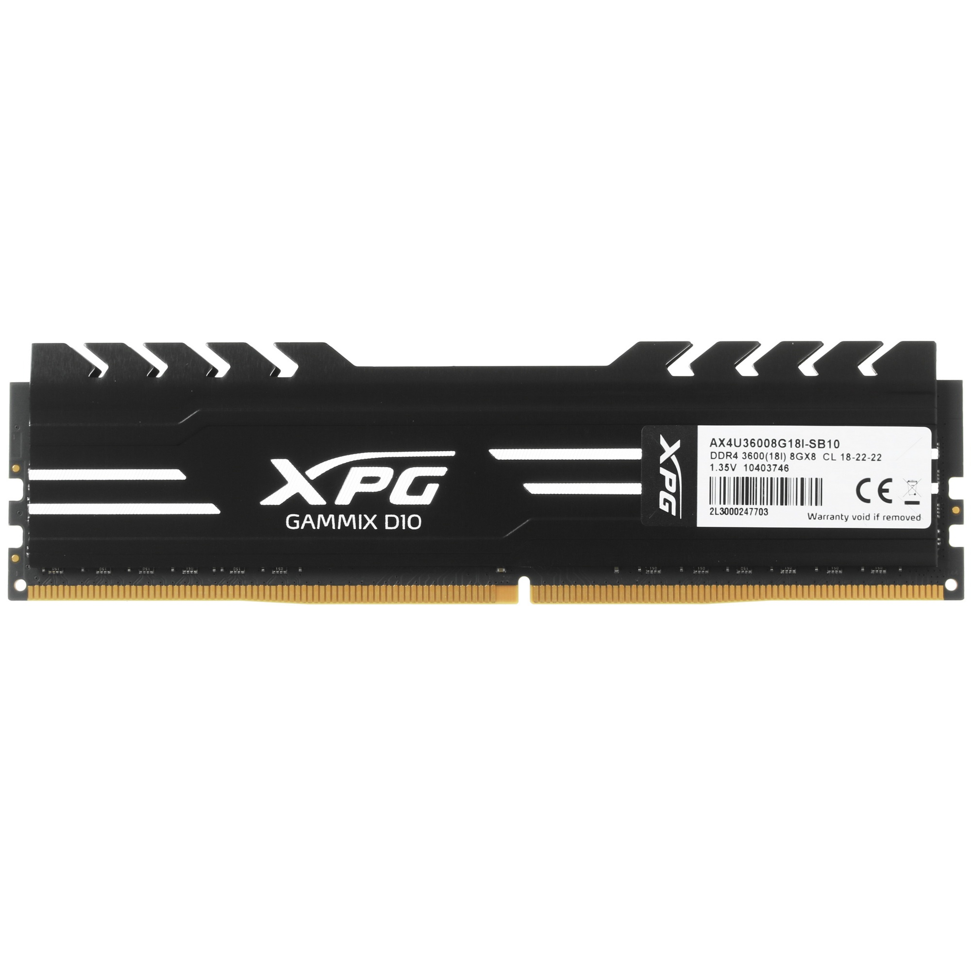 Оперативная память XPG Gammix D10, DDR4, 8GB (1x8GB), 3600MHz, CL18, с радиатором, черный