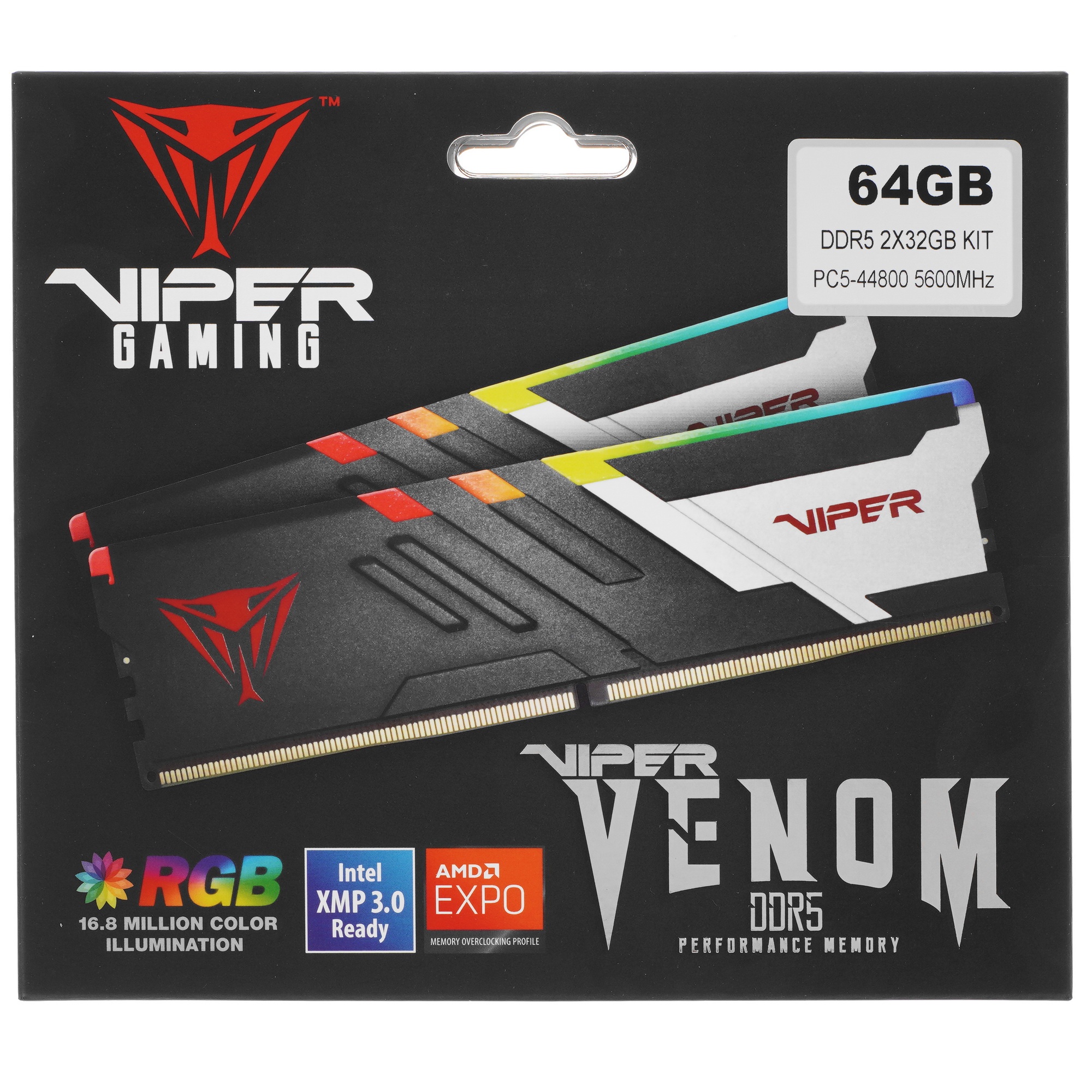 Оперативная память Patriot Viper Venom, DDR5, 64GB (2x32GB), 5600MHz, CL40, с радиаторами, RGB, черн