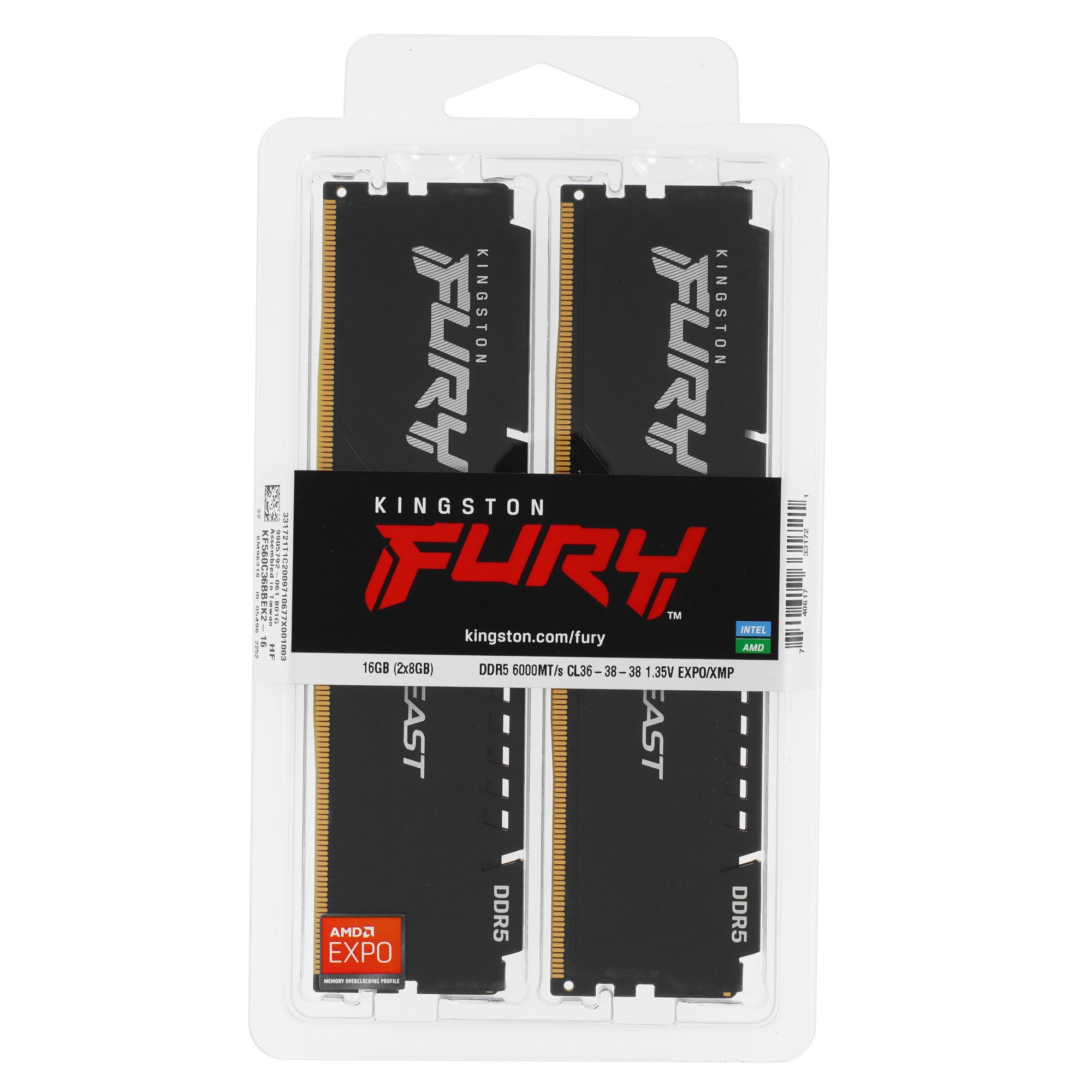 Оперативная память Kingston Fury Beast, DDR5, 16GB (2x8GB), 6000MHz, CL36, с радиаторами, черный