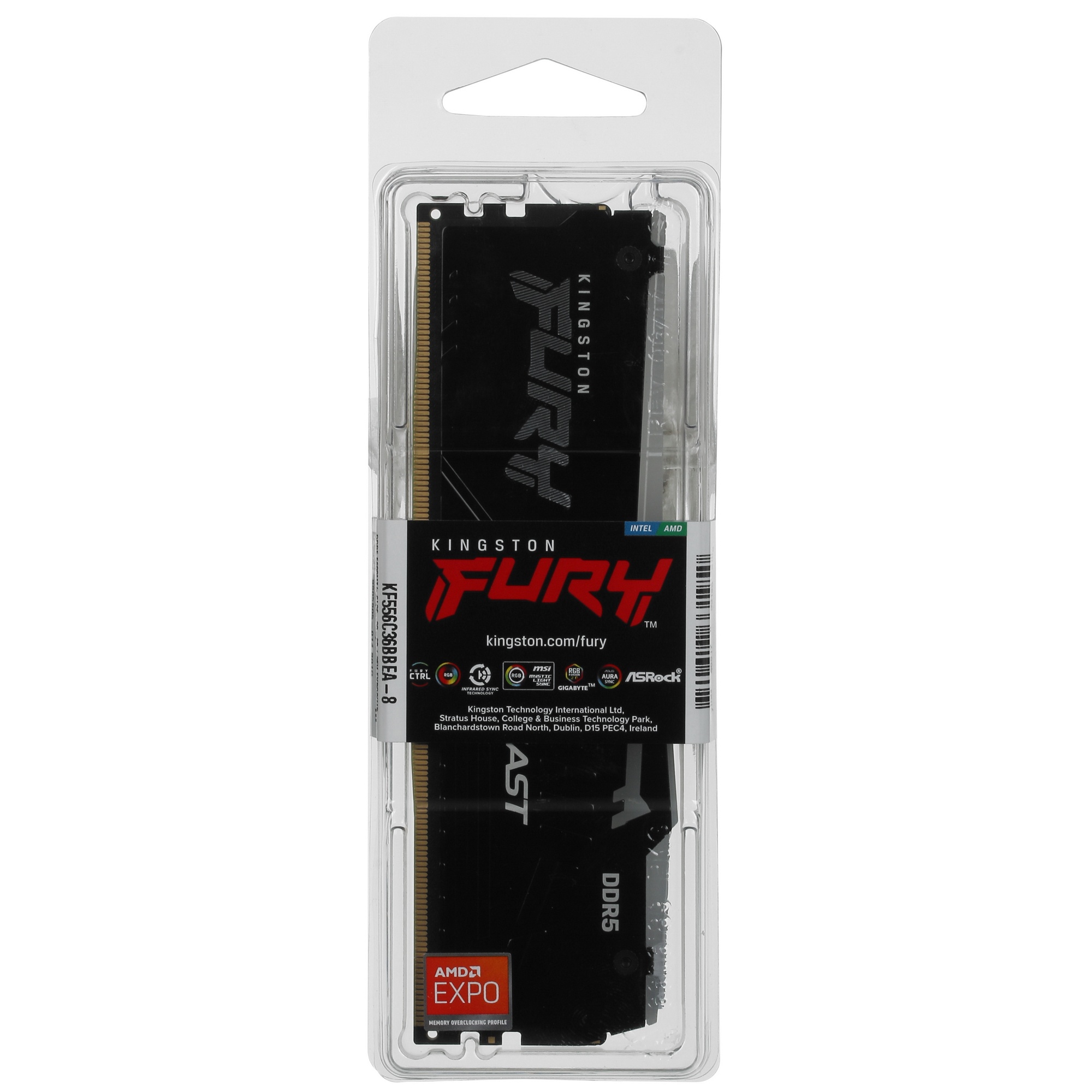 Оперативная память Kingston Fury Beast Black RGB, DDR5, 8GB (1x8GB), 5600MHz, CL36, с радиатором, RG