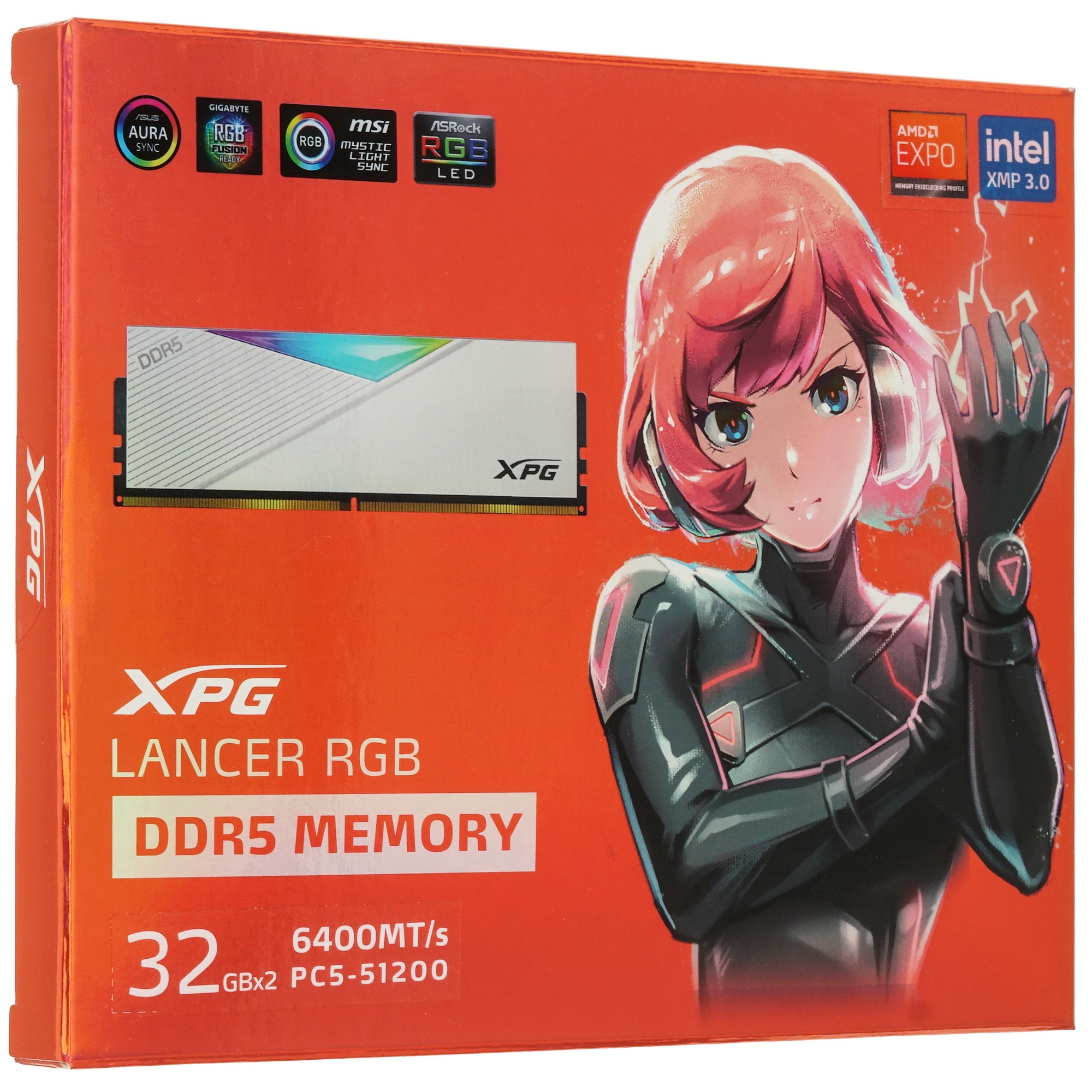 Оперативная память XPG Lancer, DDR5, 64GB (2x32GB), 6400MHz, CL32, с радиаторами, RGB, белый