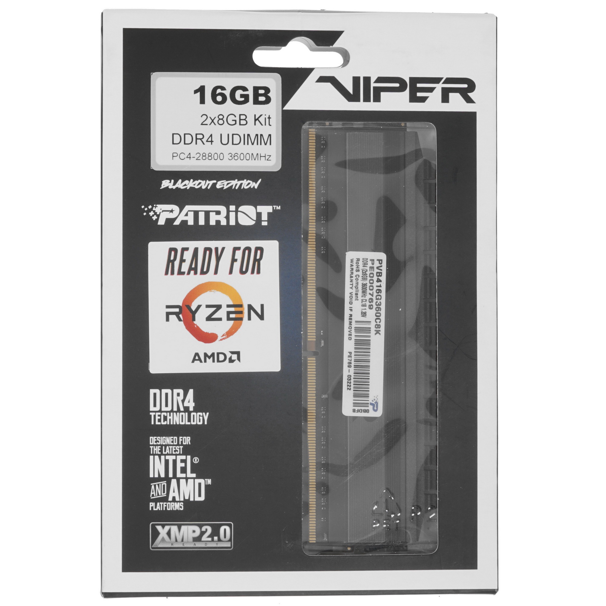 Оперативная память Patriot Viper 4 Blackout, DDR4, 16GB (2x8 GB), 3600 MHz, CL18, радиатор, чёрный