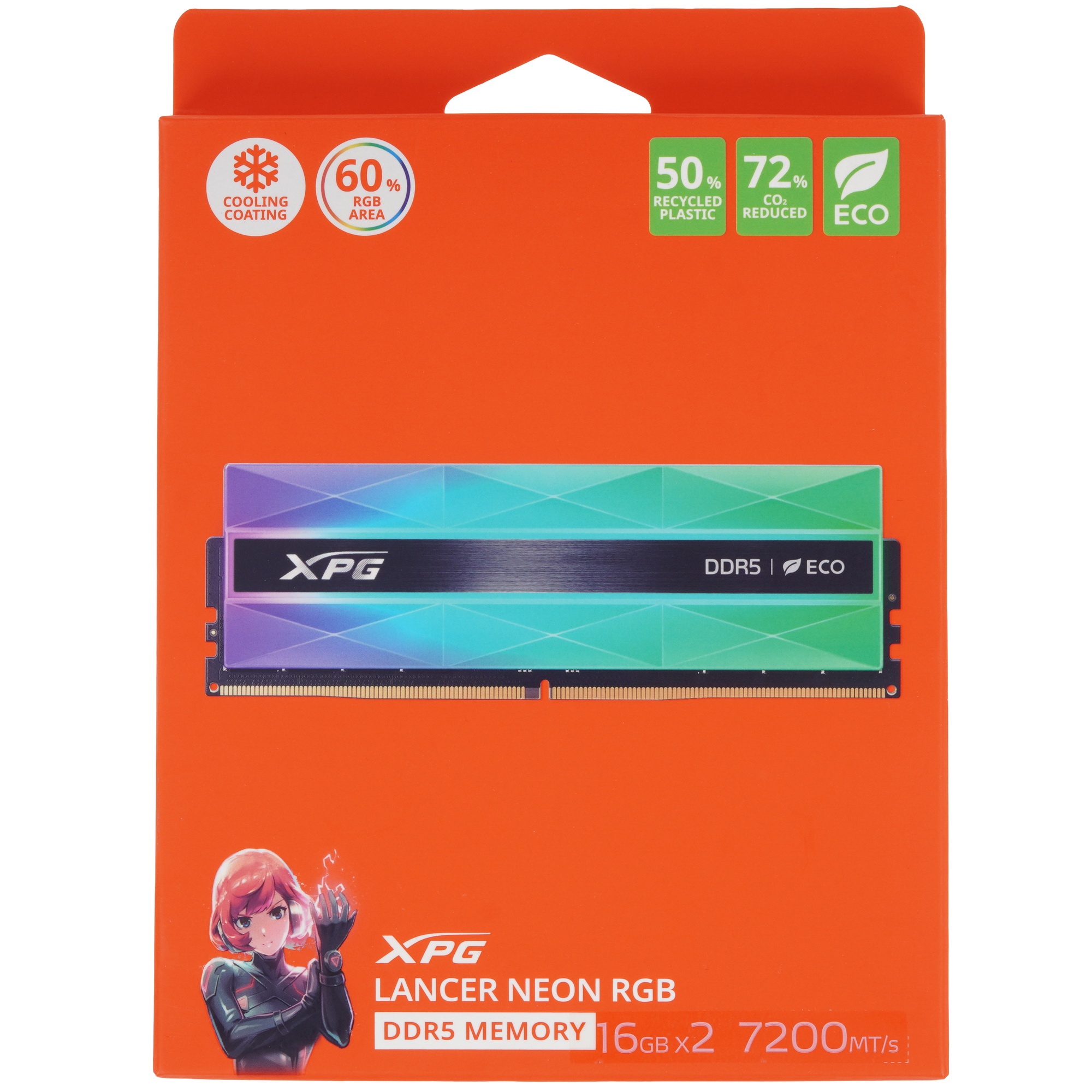 Оперативная память XPG Lancer NEON RGB, DDR5, 32GB (2x16GB), 7200MHz, CL34, с радиаторами, RGB, сере