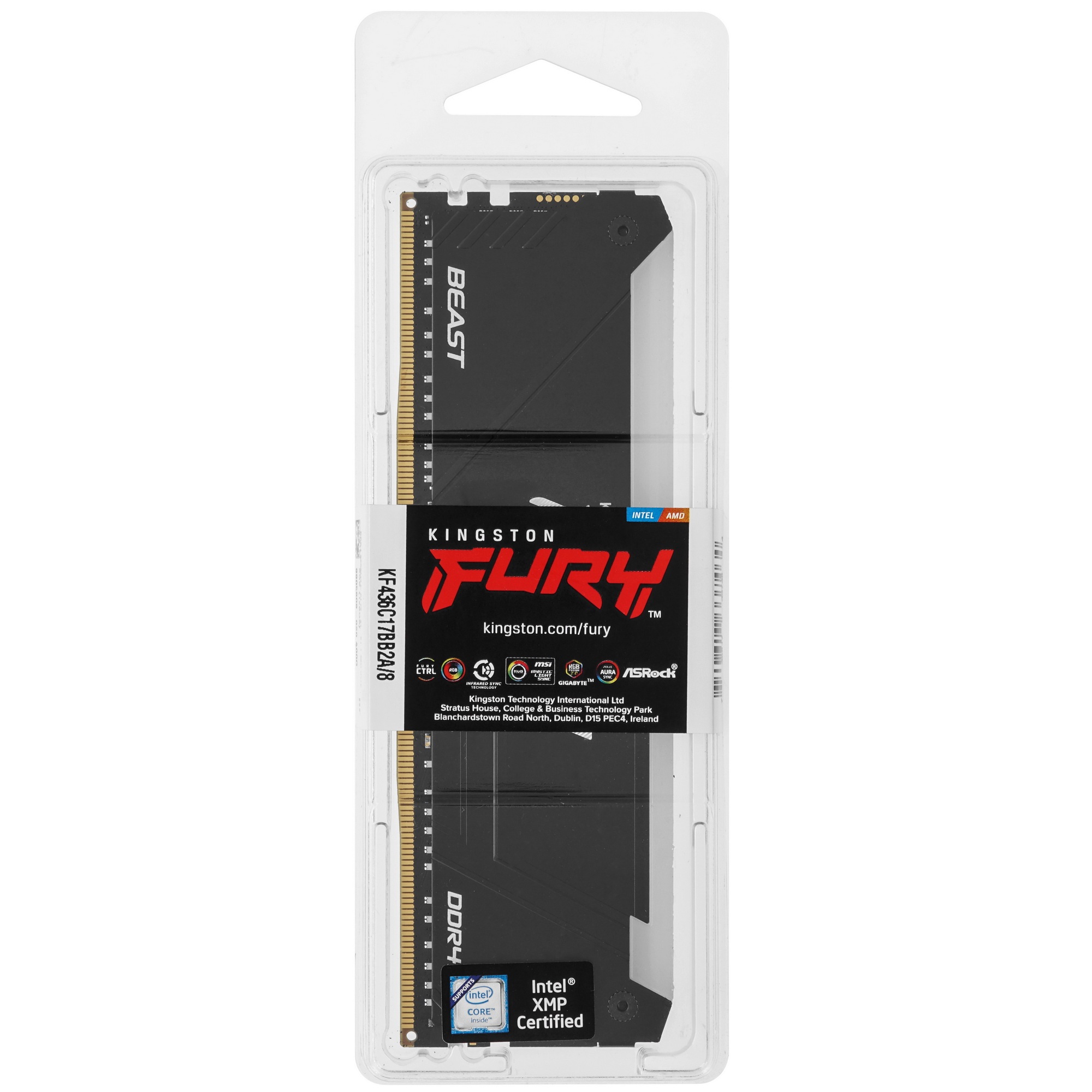 Оперативная память Kingston Fury Beast, DDR4, 8GB (1x8GB), 3600MHz, CL17, с радиатором, RGB, черный