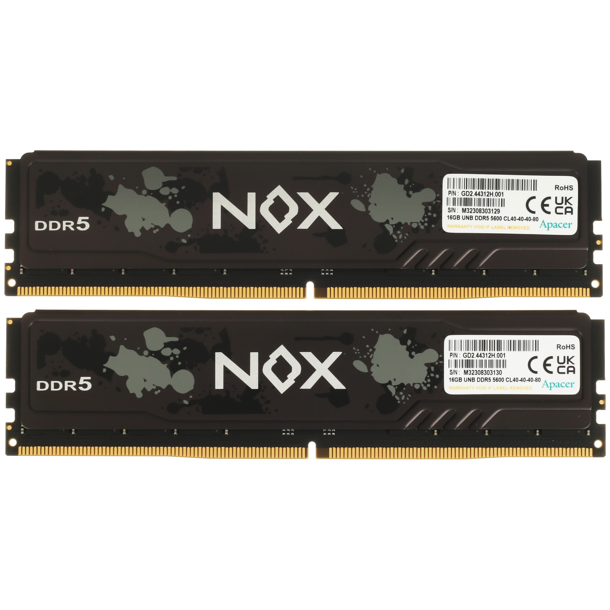 Оперативная память Apacer Nox, DDR5, 32GB (2x16GB), 5600MHz, CL40, радиатор, черный