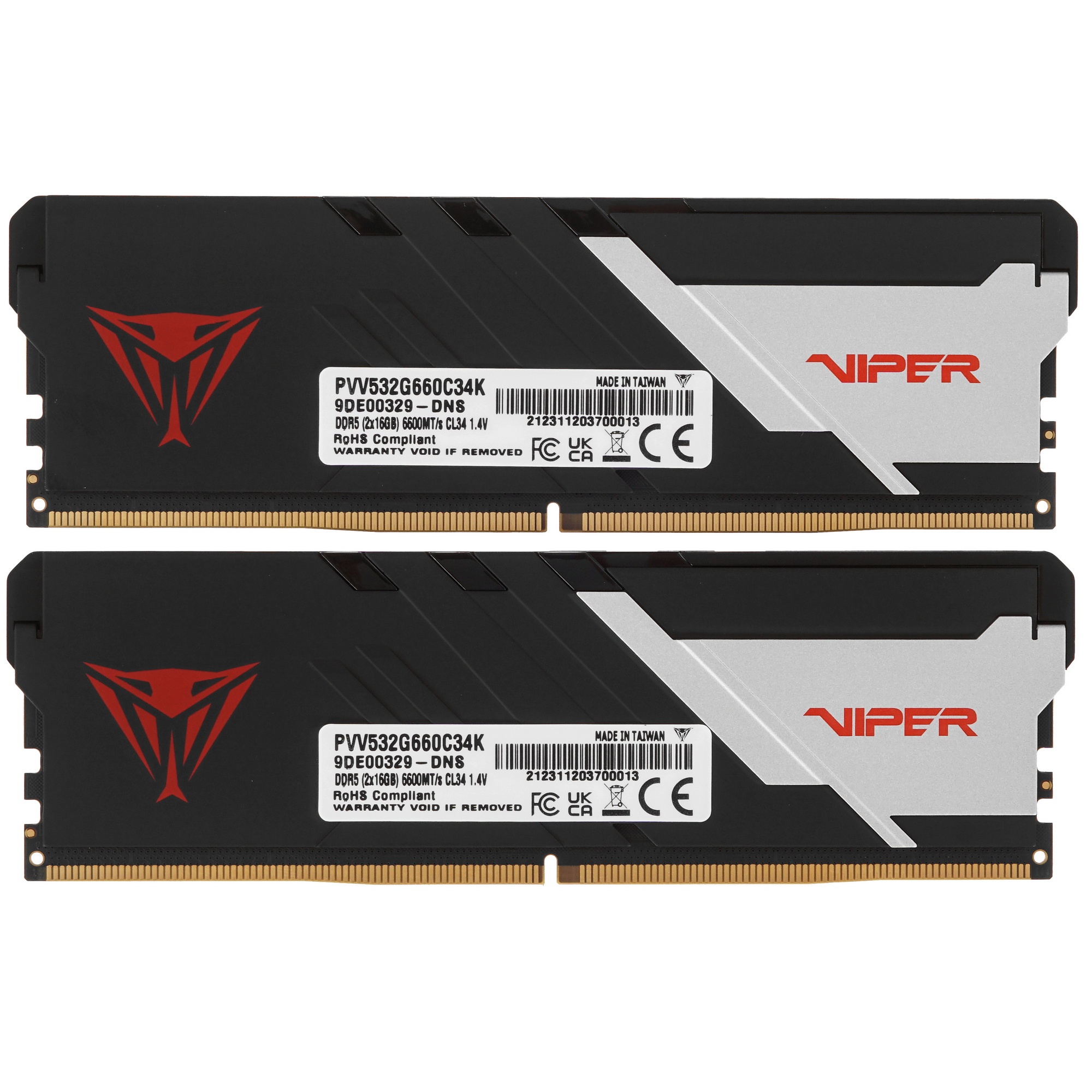 Оперативная память Patriot Viper Venom, DDR5, 32GB (2x16GB), 6600MHz, CL34, с радиатором, черный