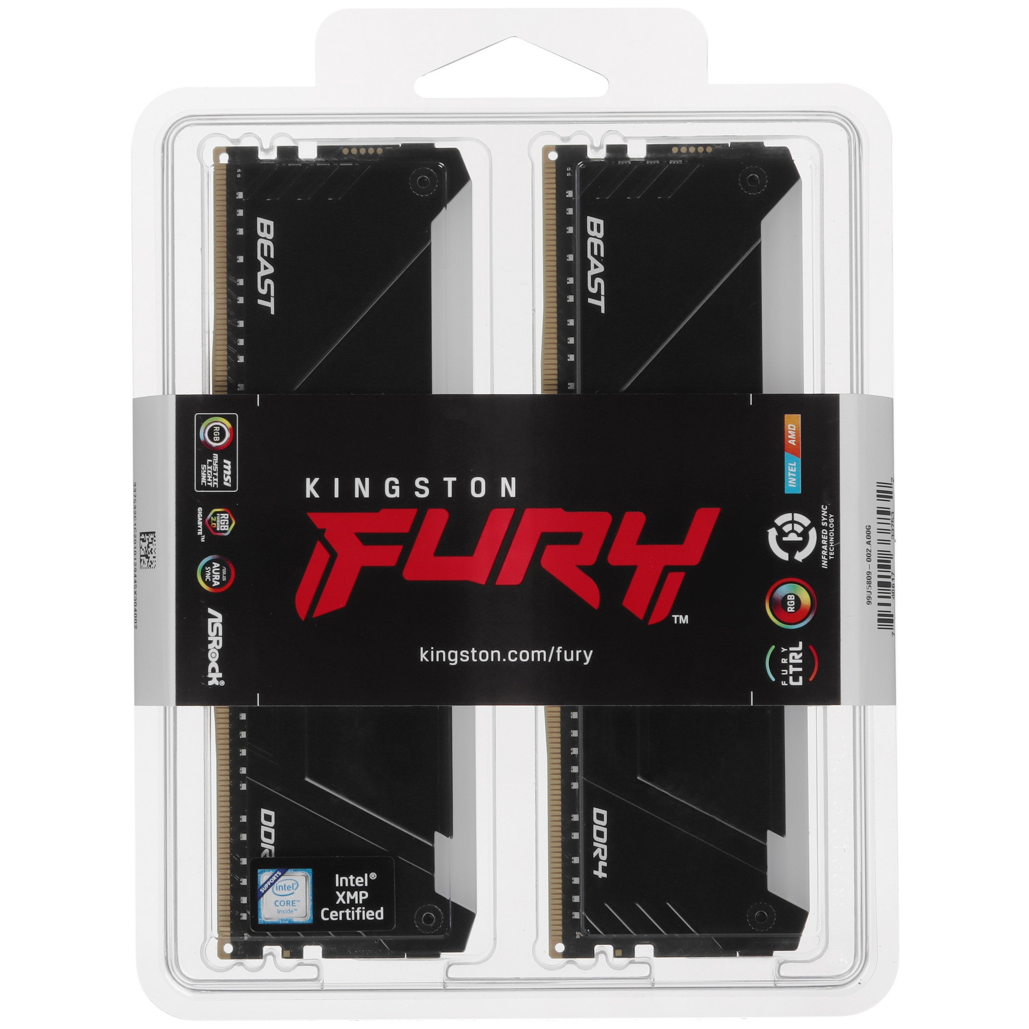 Оперативная память Kingston Fury Beast, DDR4, 16GB (2x8GB), 3200MHz, CL16, с радиатором, RGB, чёрный