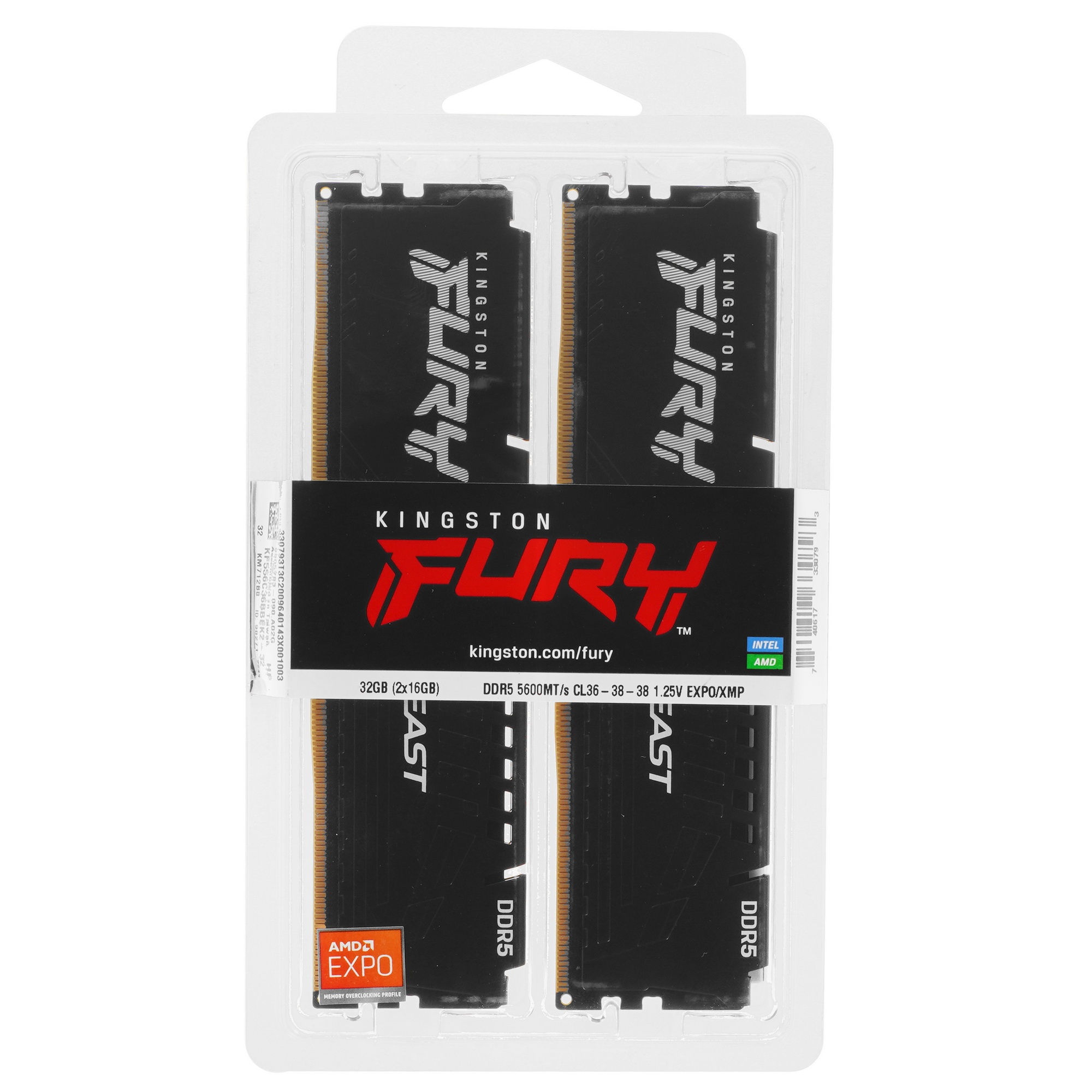 Оперативная память Kingston Fury Beast, DDR5, 32GB (2x16GB), 5600MHz, CL36, с радиаторами, черный