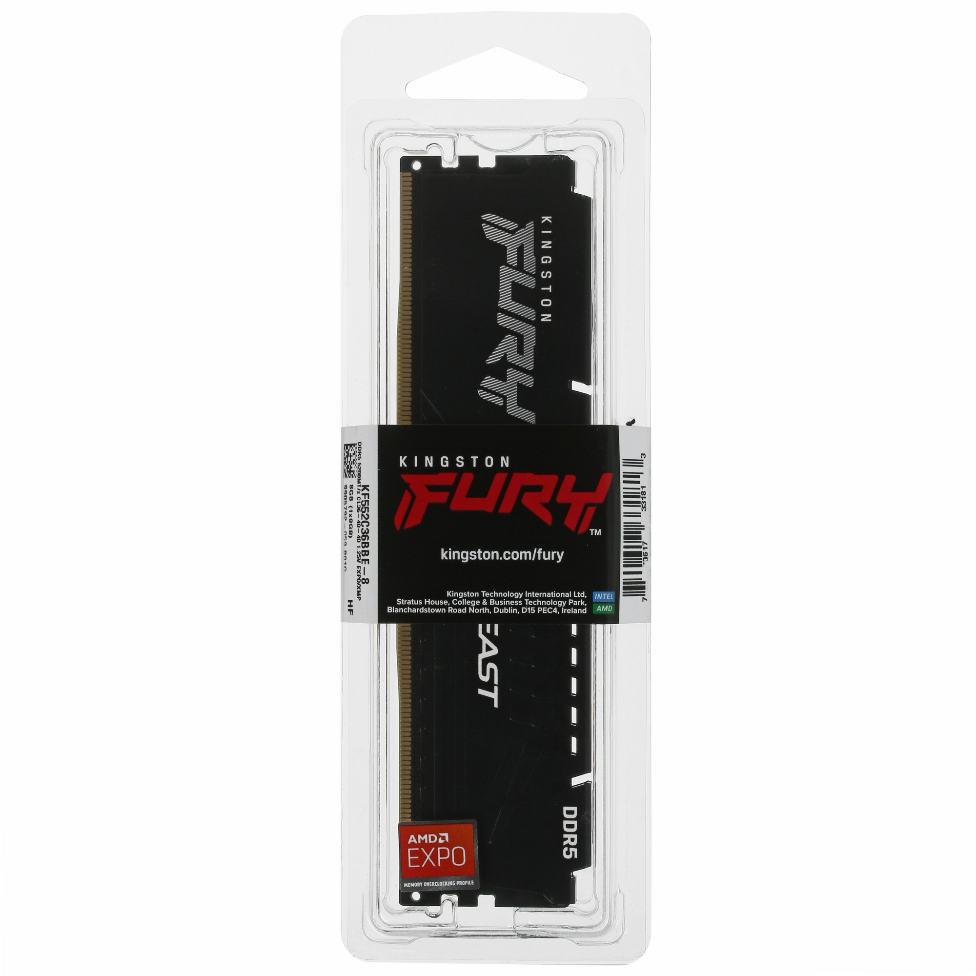 Оперативная память Kingston Fury Beast Expo, DDR5, 8GB (1x8GB), 5200MHz, CL36, с радиатором, черный