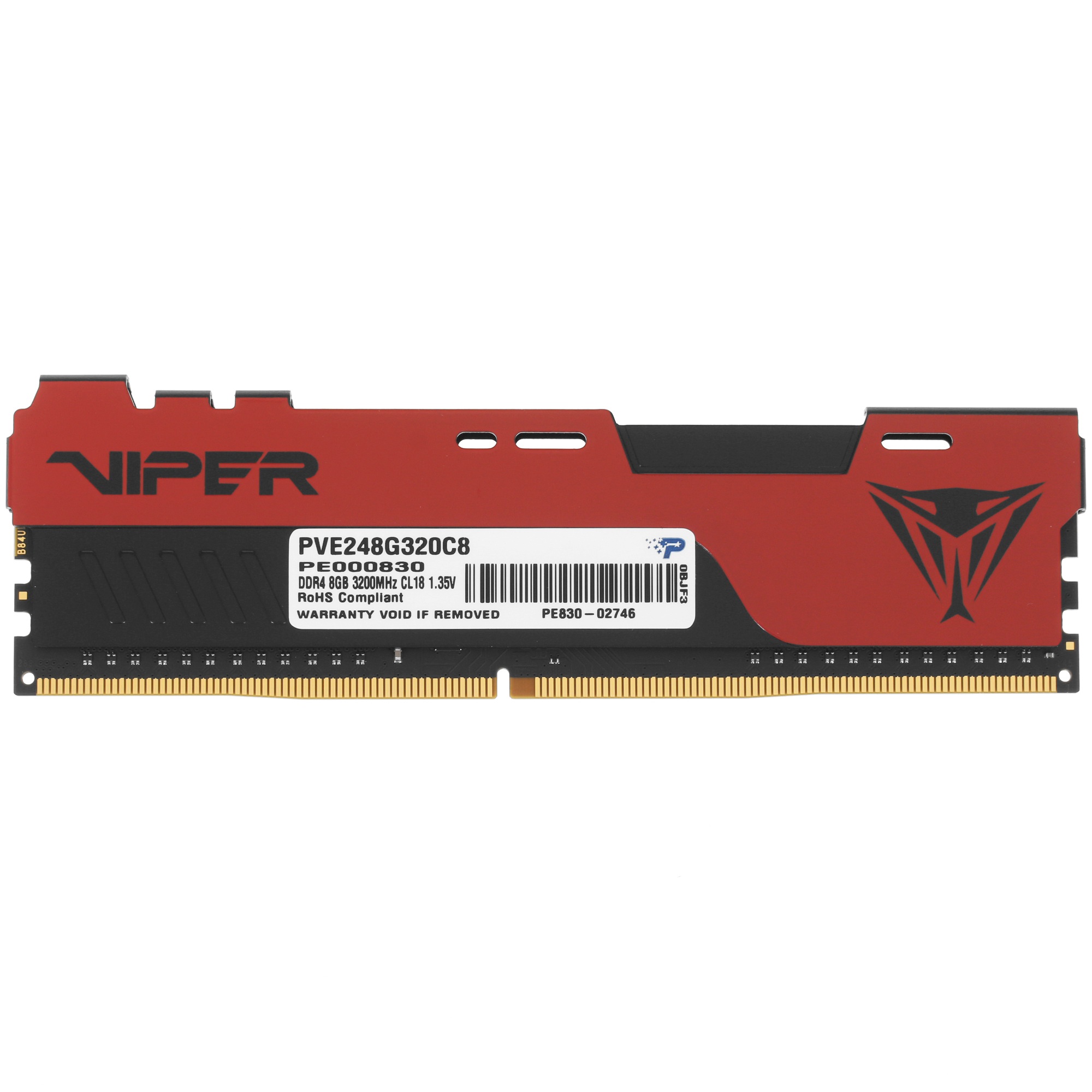 Оперативная память Patriot Viper Elite II, DDR4, 8GB (1x8 GB), 3200 MHz, CL18, радиатор, красный/чёр