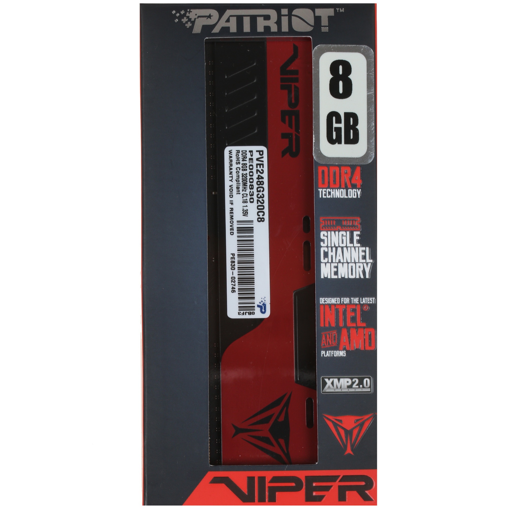 Оперативная память Patriot Viper Elite II, DDR4, 8GB (1x8 GB), 3200 MHz, CL18, радиатор, красный/чёр