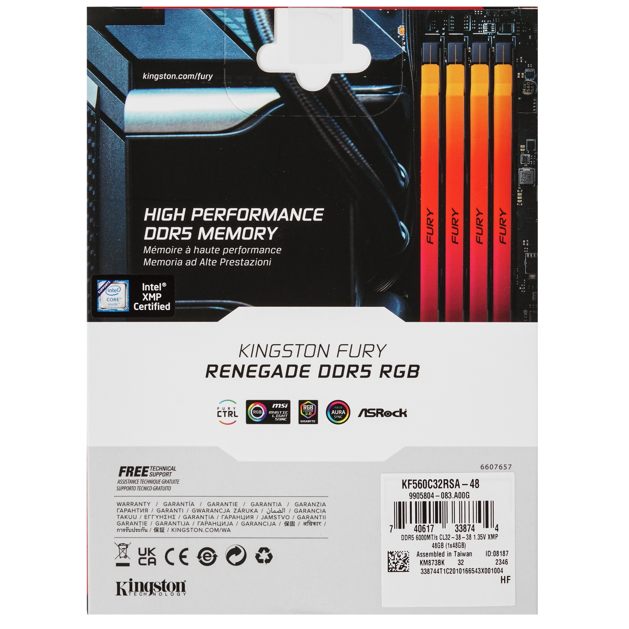 Оперативная память Kingston Fury Renegade, DDR5, 48GB (1x48GB), 6000MHz, CL32, с радиатором, RGB, cе
