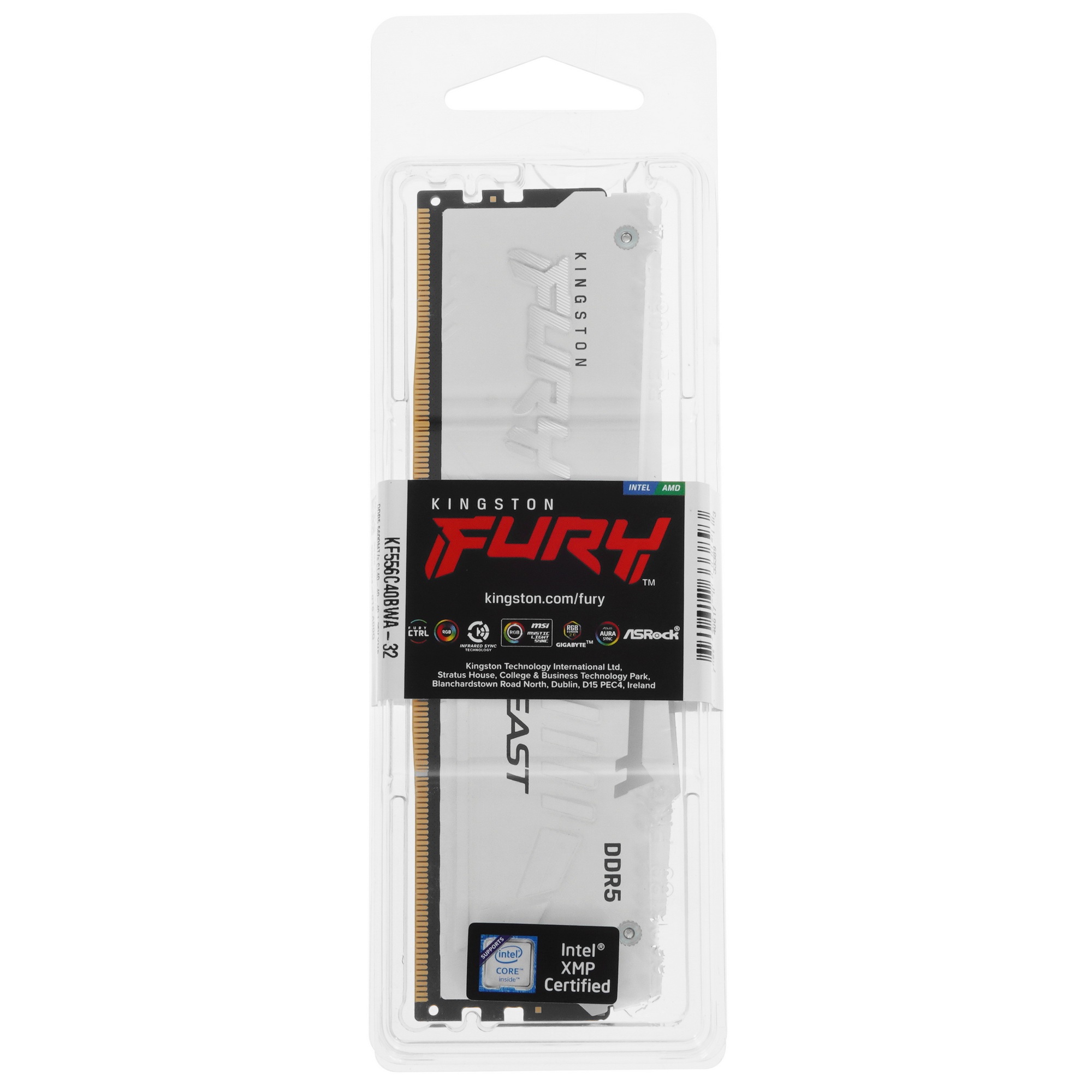 Оперативная память Kingston Fury Beast, DDR5, 32GB (1x32GB), 5600MHz, CL40, с радиаторами, RGB, белы