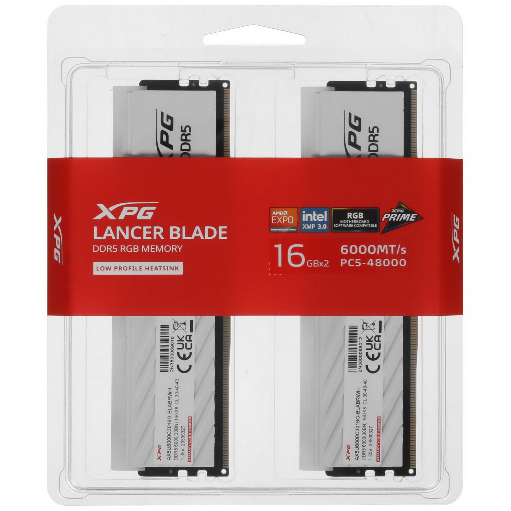 Оперативная память XPG Lancer Blade, DDR5, 32GB (2x16GB), 6000MHz, CL30, с радиаторами, RGB, белый