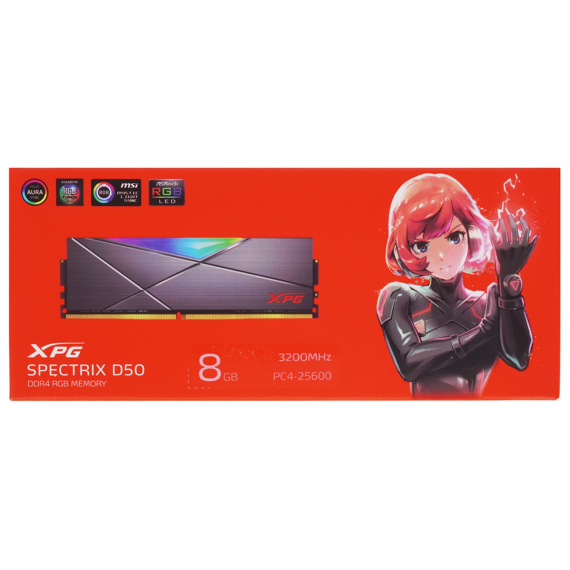 Оперативная память XPG Spectrix D50 RGB, DDR4, 8GB (1x8GB), 3200MHz, CL16, одноранговая, UDIMM, с ра