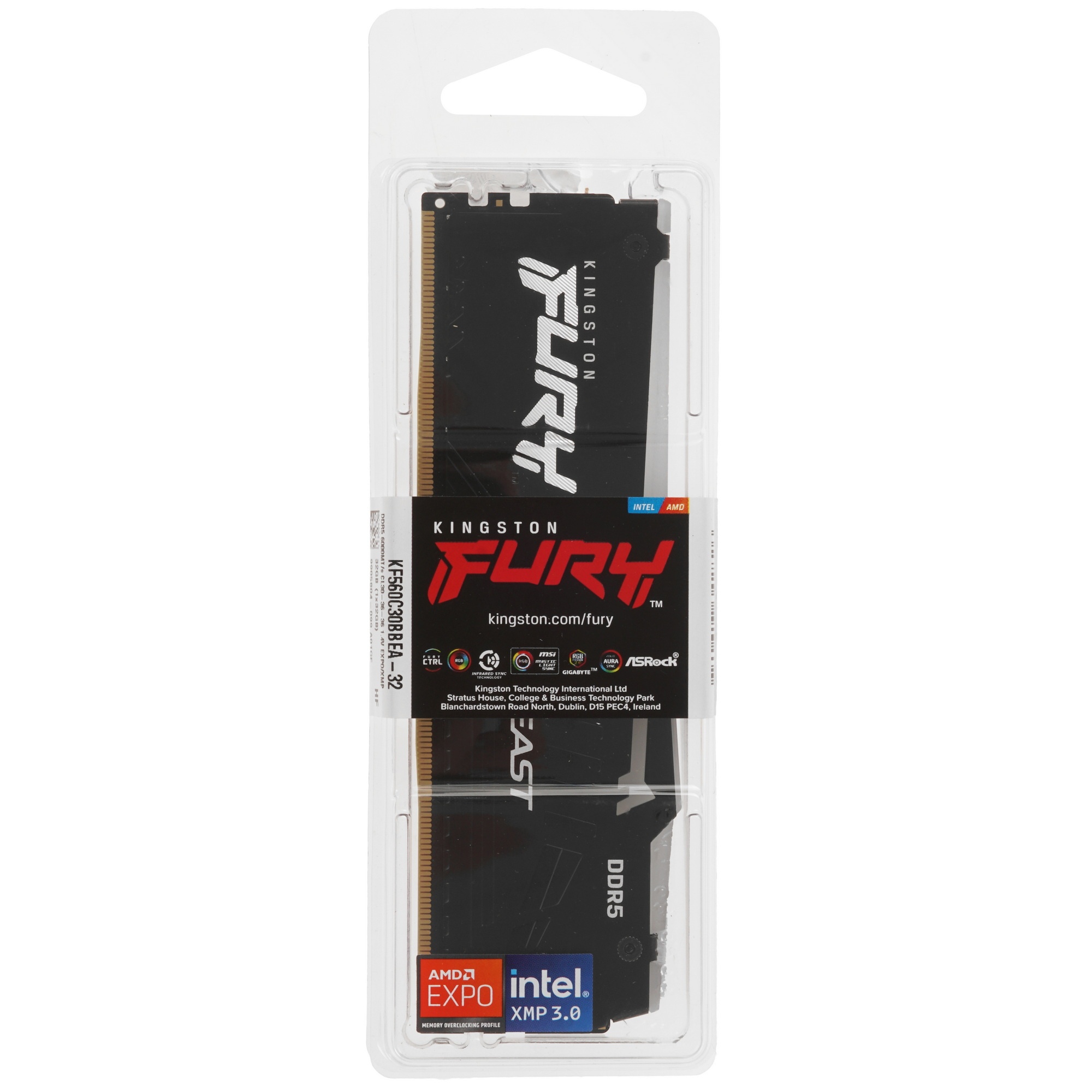 Оперативная память Kingston Fury Beast, DDR5, 32GB (1x32GB), 6000MHz, CL30, с радиатором, RGB, черны