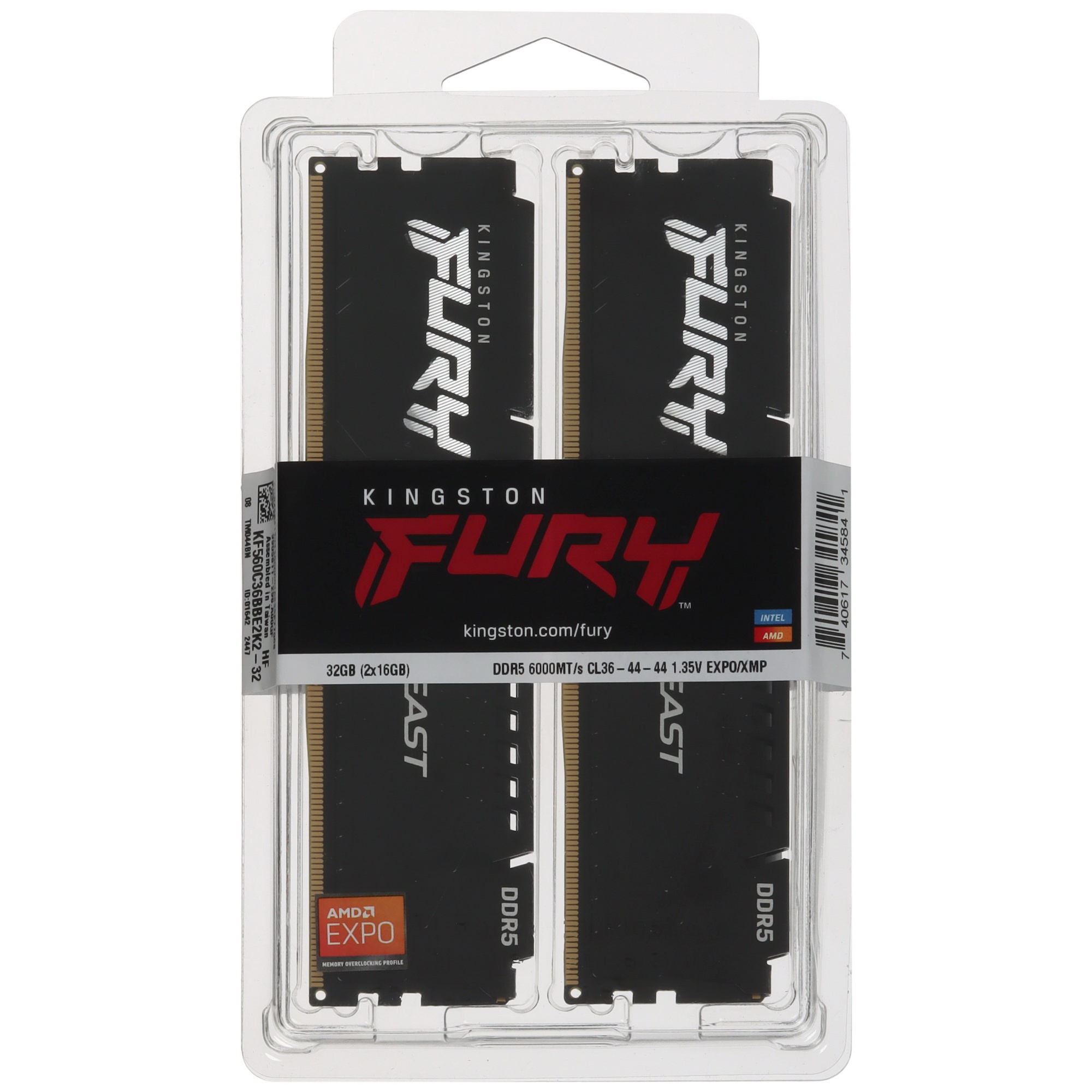 Оперативная память Kingston Fury Beast, DDR5, 32GB (2x16GB), 6000MHz, CL36, с радиатором, черный