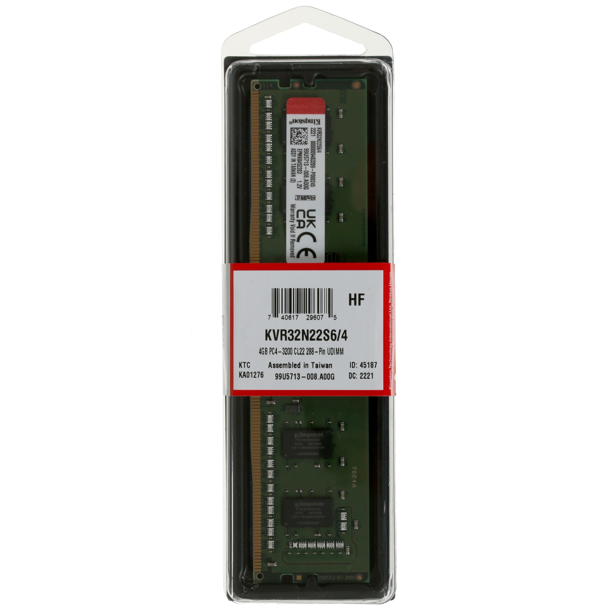 Оперативная память Kingston ValueRAM, DDR4, 4Gb (1x4Gb), 3200MHz, CL22