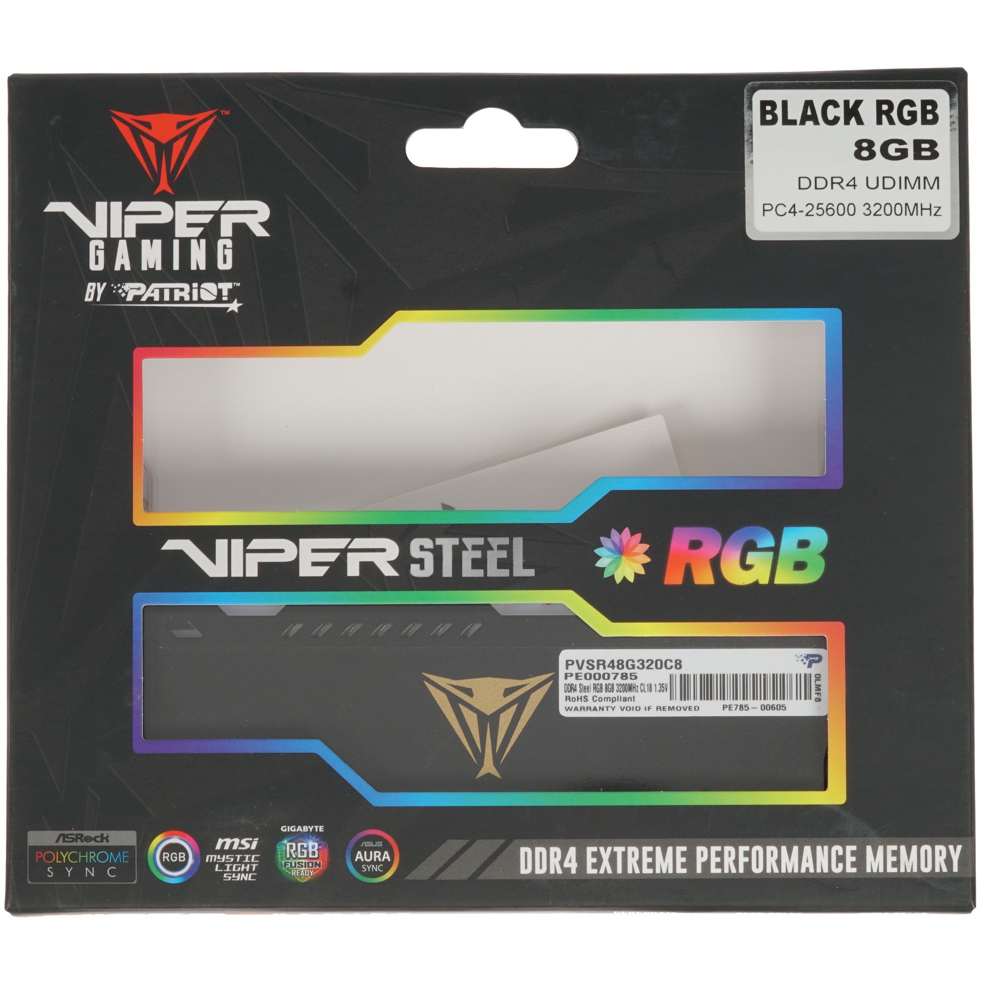 Оперативная память Patriot Viper Steel, DDR4, 8GB (1x8GB), 3200MHz, CL18, с радиатором, RGB, черный