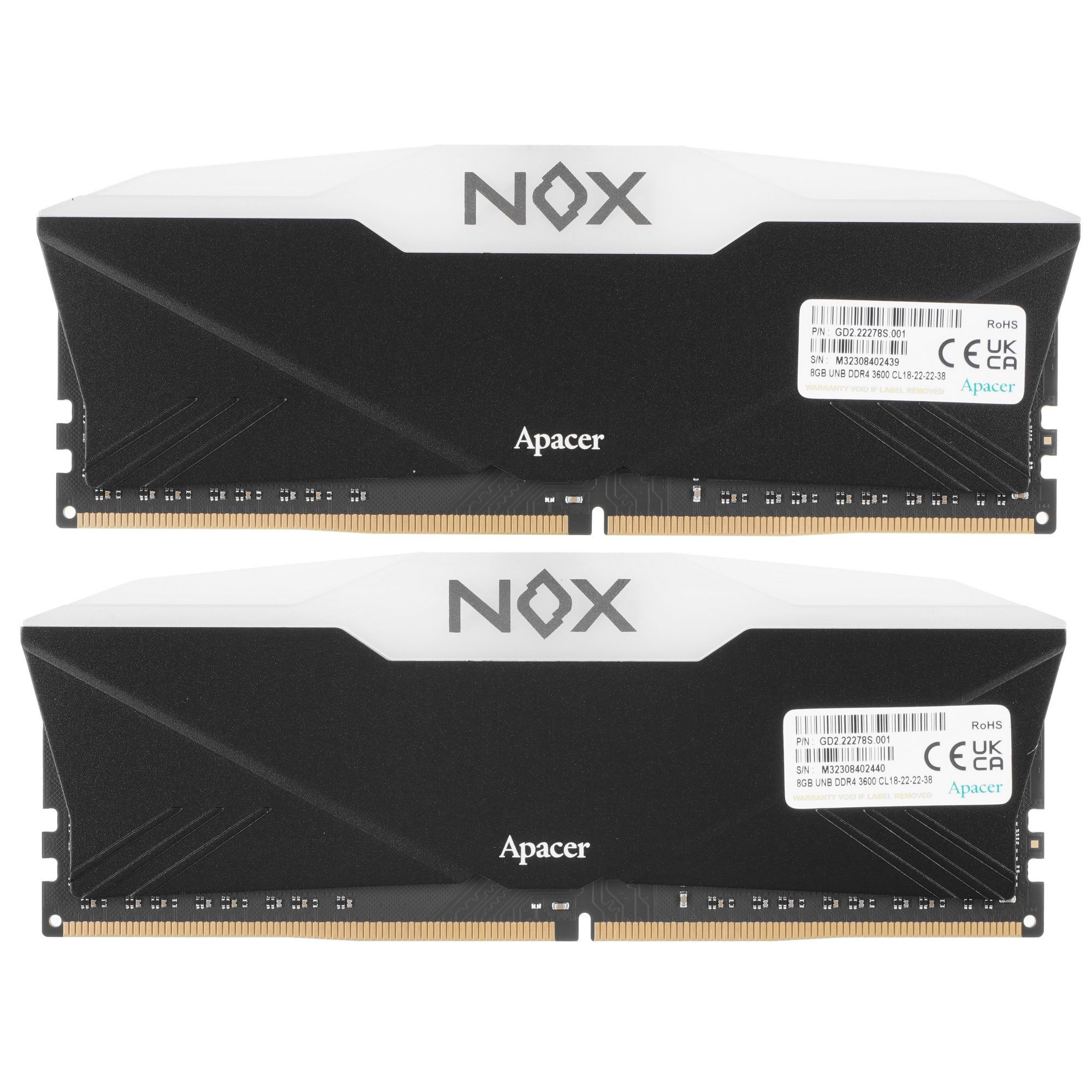 Оперативная память Apacer Nox, DDR4, 16GB (2x8GB), 3600MHz, CL18, UDIMM, с радиатором, черный, RGB