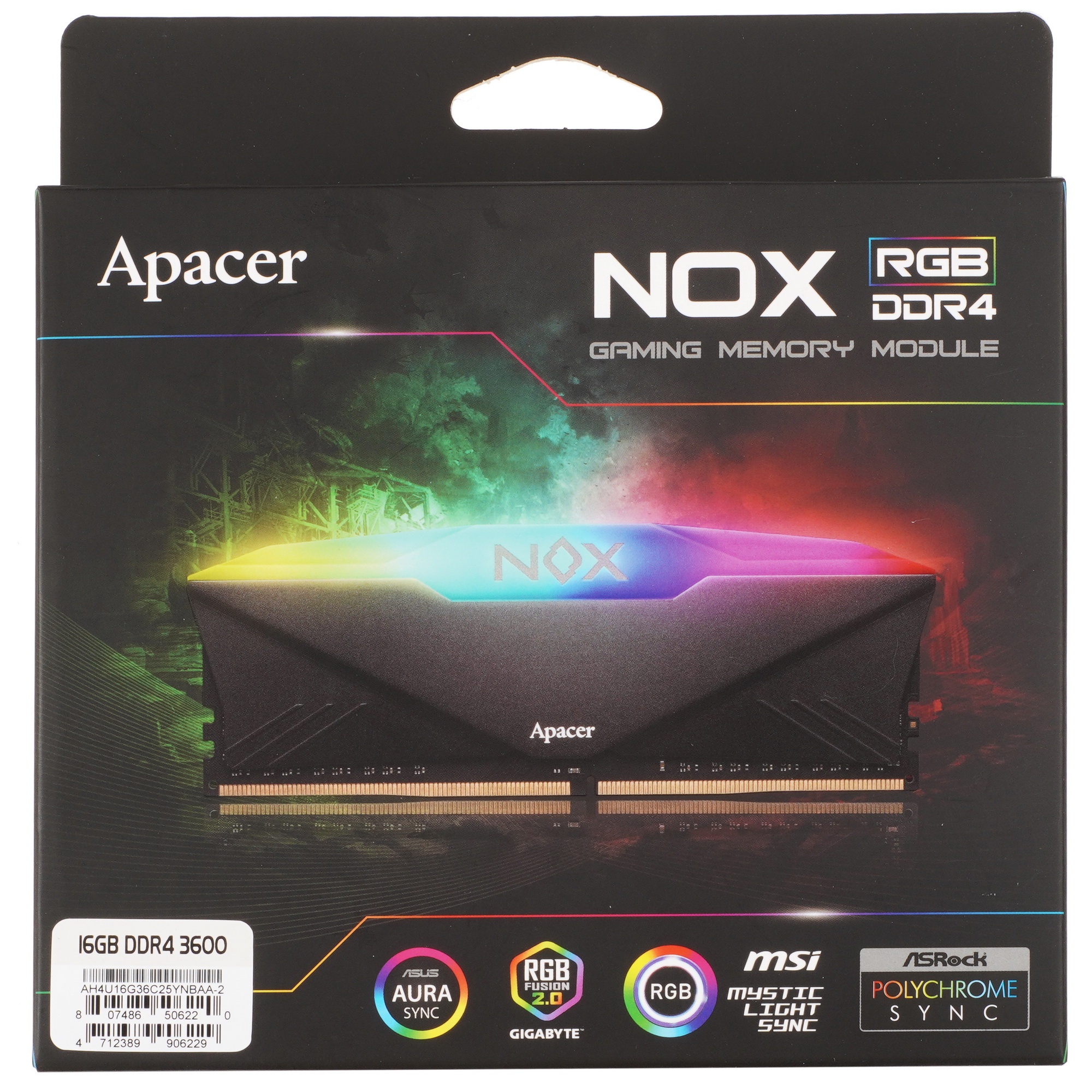 Оперативная память Apacer Nox, DDR4, 16GB (2x8GB), 3600MHz, CL18, UDIMM, с радиатором, черный, RGB