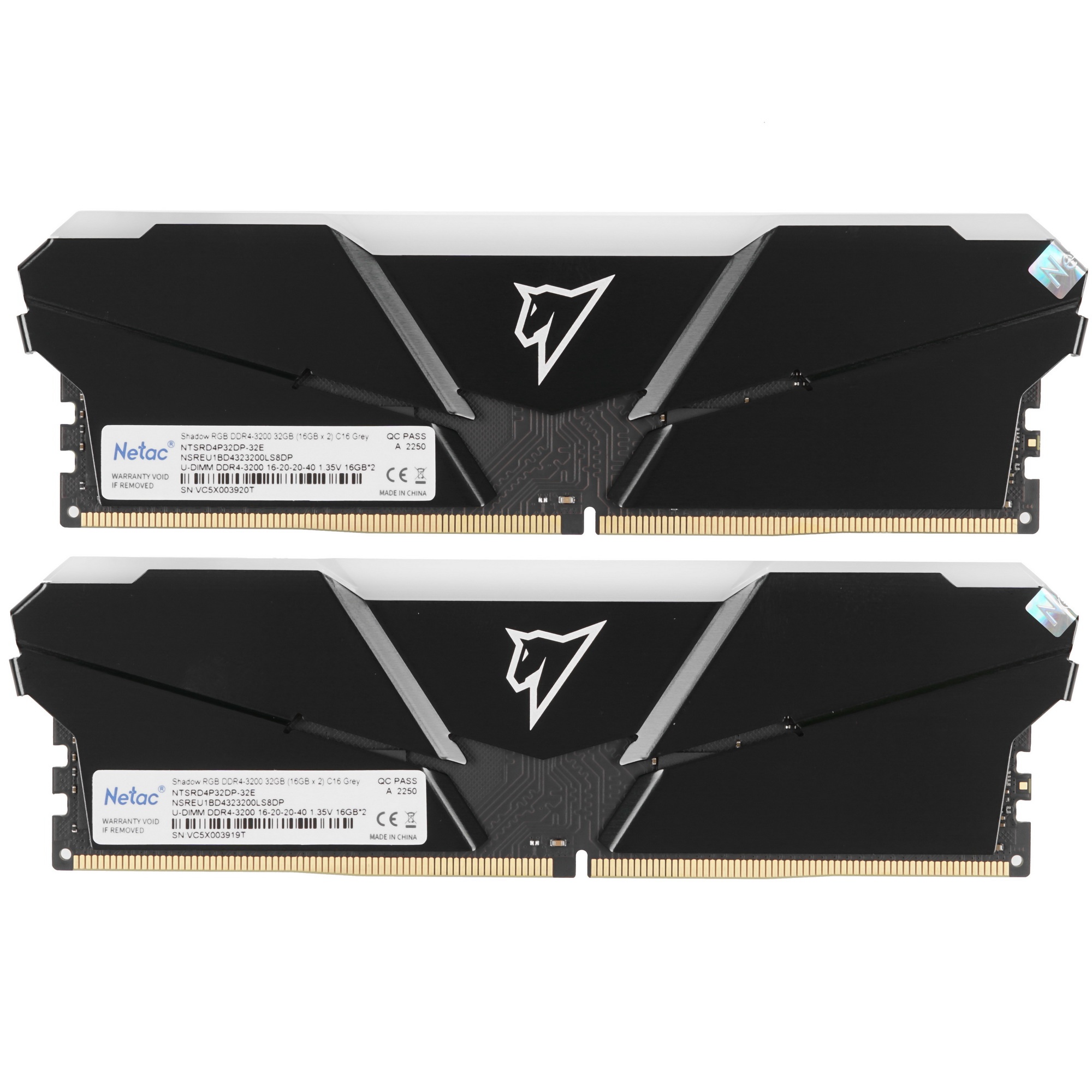Оперативная память NETAC Shadow, DDR4, 32GB (2x16 GB), 3200 MHz, CL16, радиатор, RGB, серый