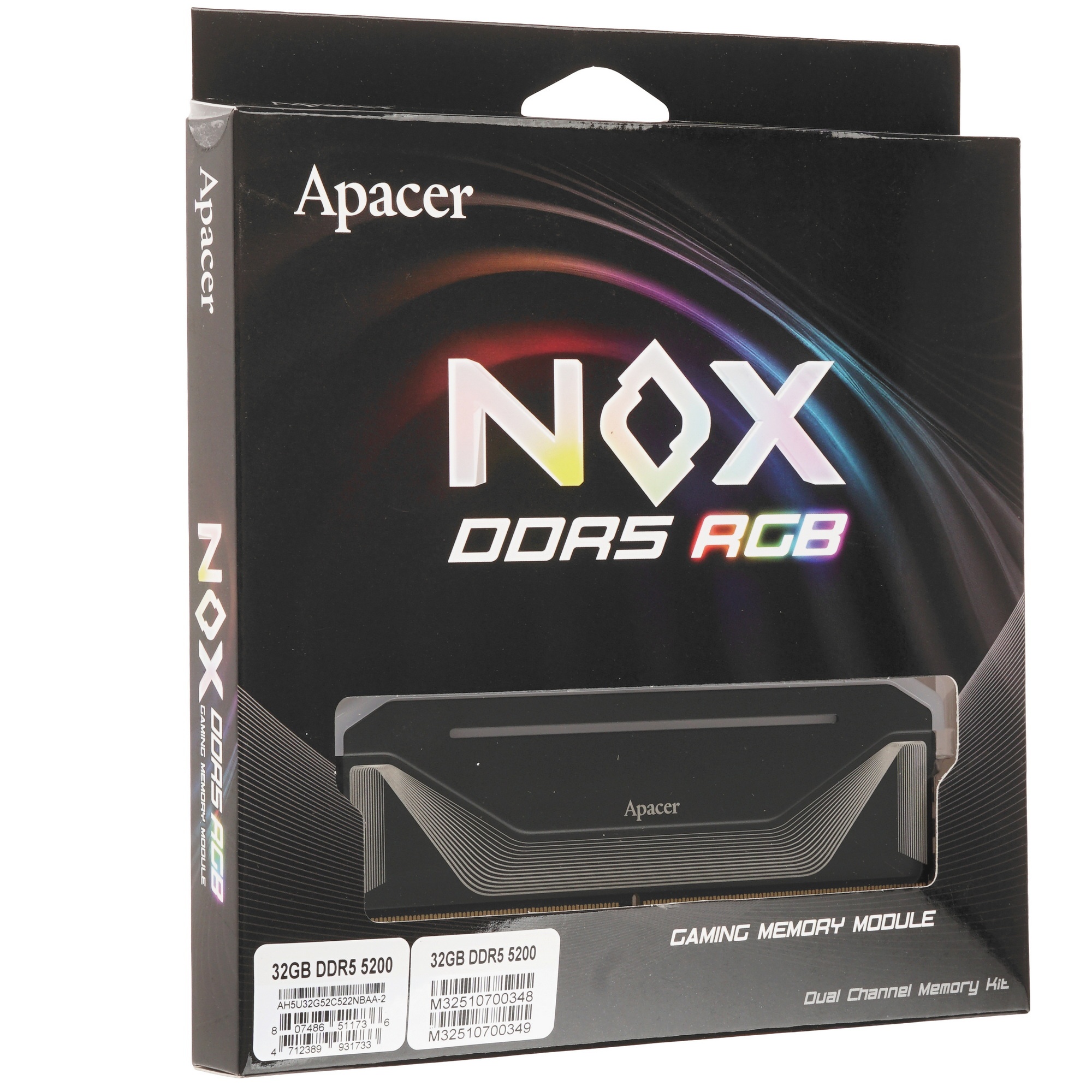 Оперативная память Apacer Nox, DDR5, 32GB (2x16GB), 5200MHz, CL40, радиатор, RGB, черный