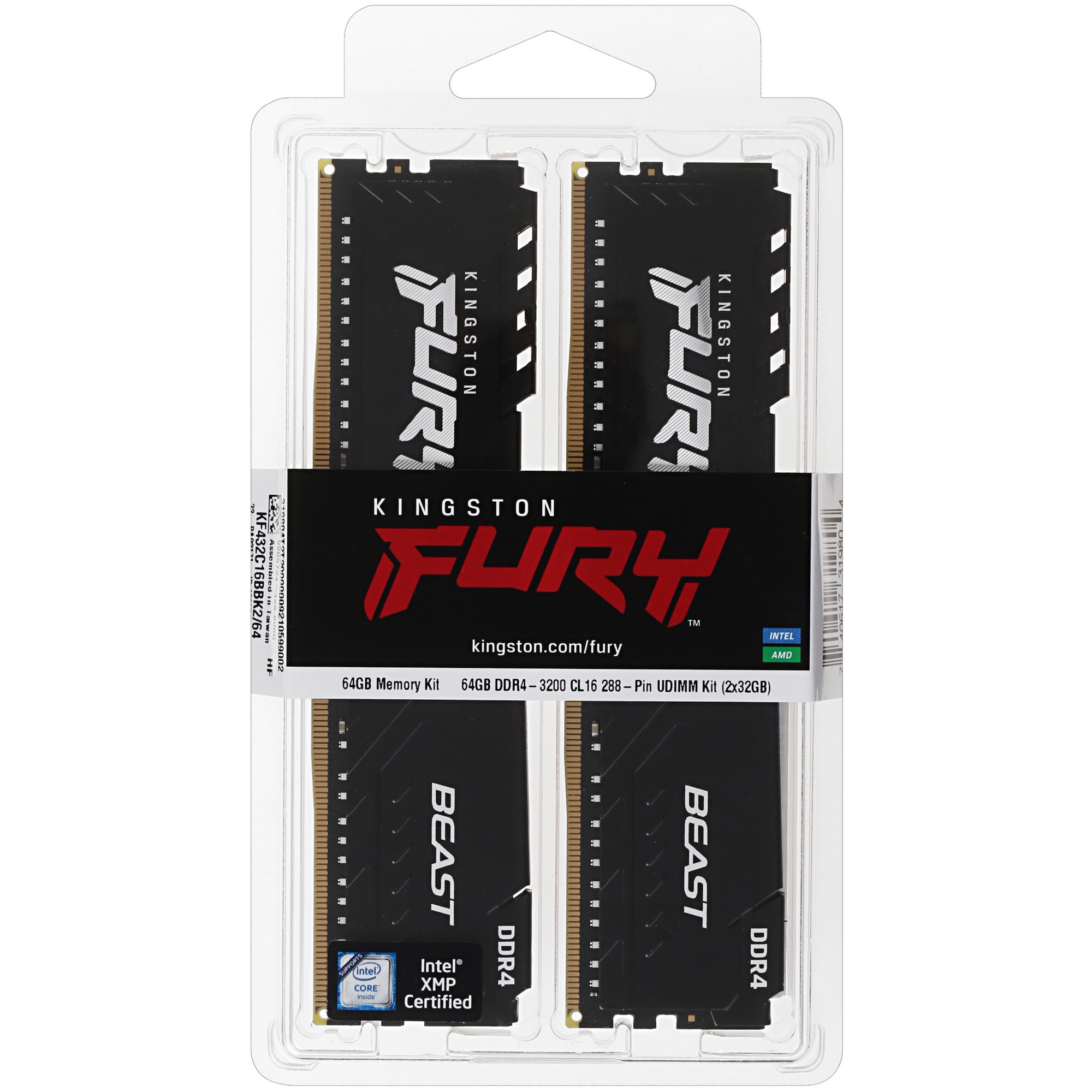 Оперативная память Kingston Fury Beast, DDR4, 64GB (2x32GB), 3200MHz, CL16, чёрный