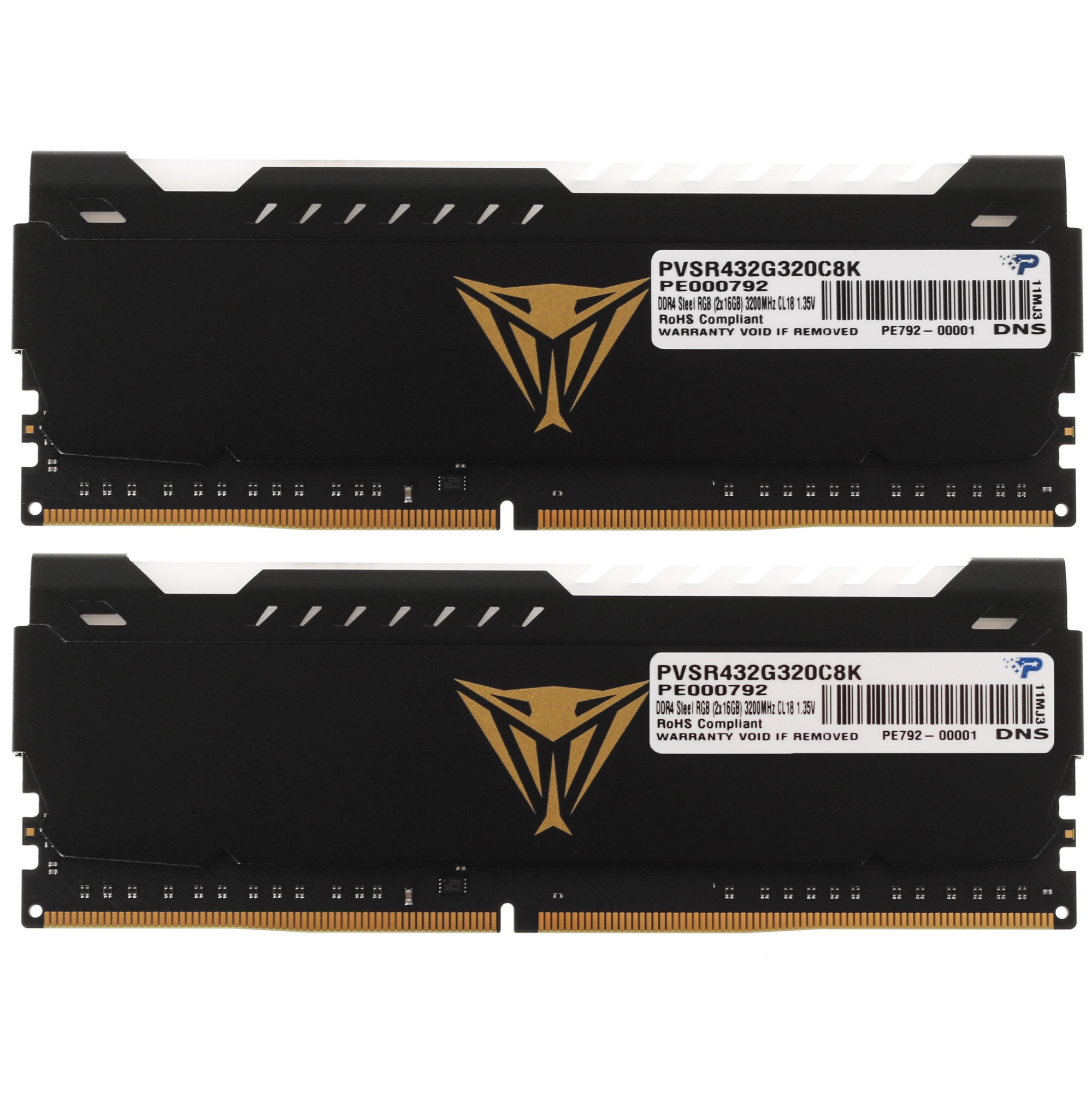 Оперативная память Patriot Viper Steel, DDR4, 32GB (2x16GB), 3200MHz, CL18, с радиатором, RGB, черны