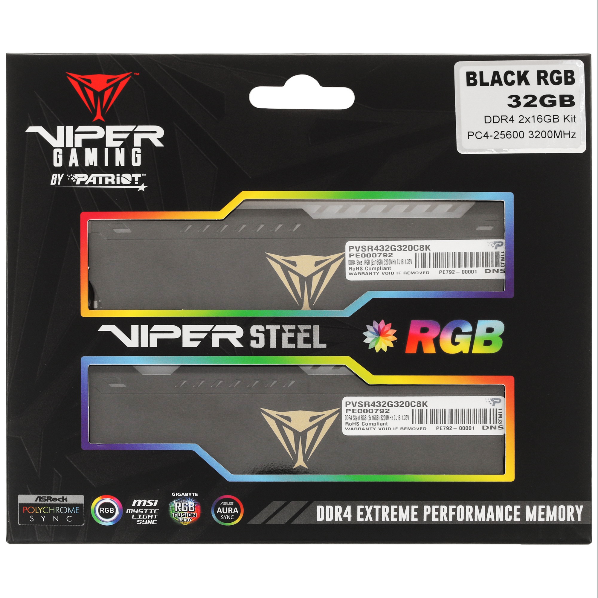 Оперативная память Patriot Viper Steel, DDR4, 32GB (2x16GB), 3200MHz, CL18, с радиатором, RGB, черны