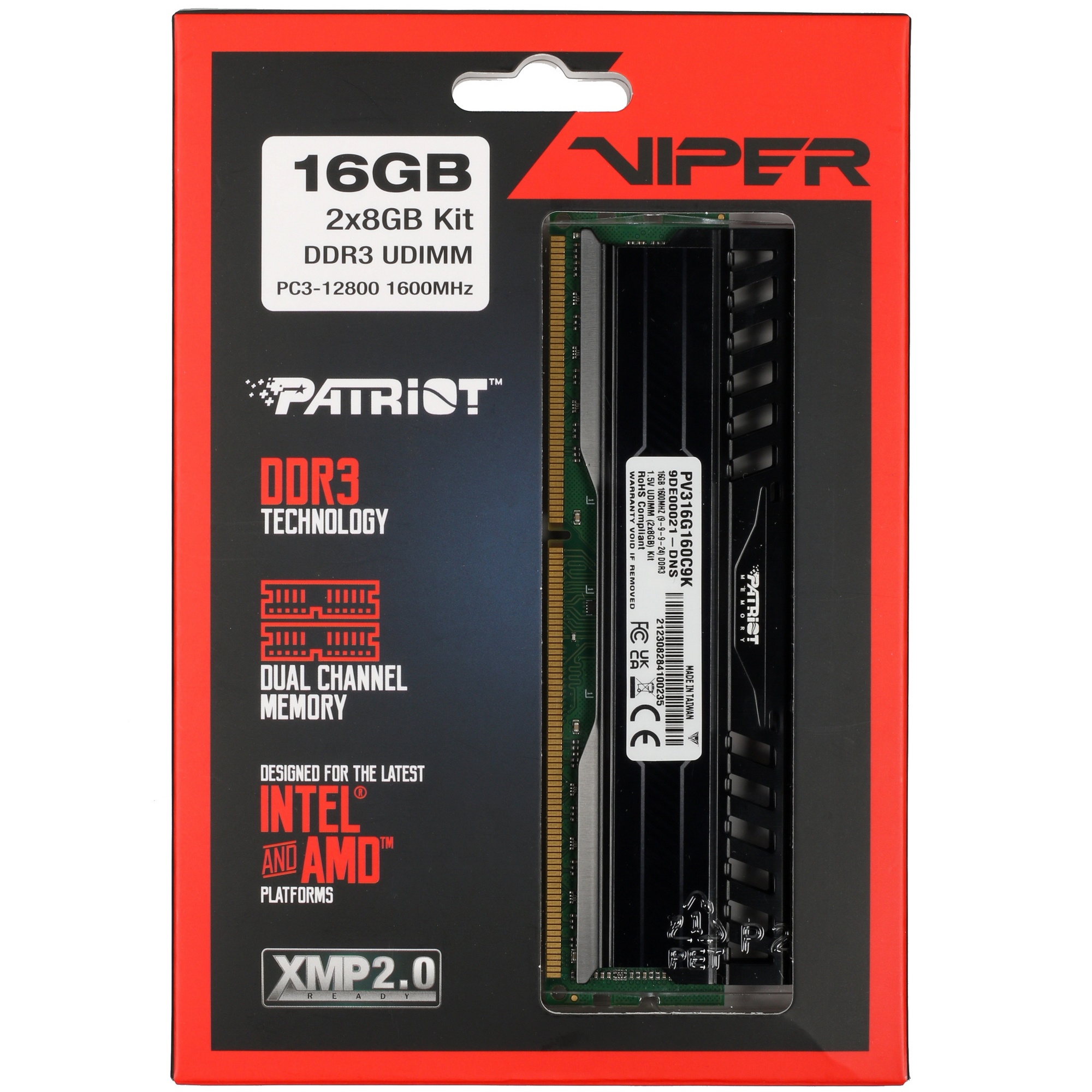 Оперативная память Patriot Viper 3, DDR3, 16GB (2x8 GB), 1600 MHz, CL9, радиатор, черный