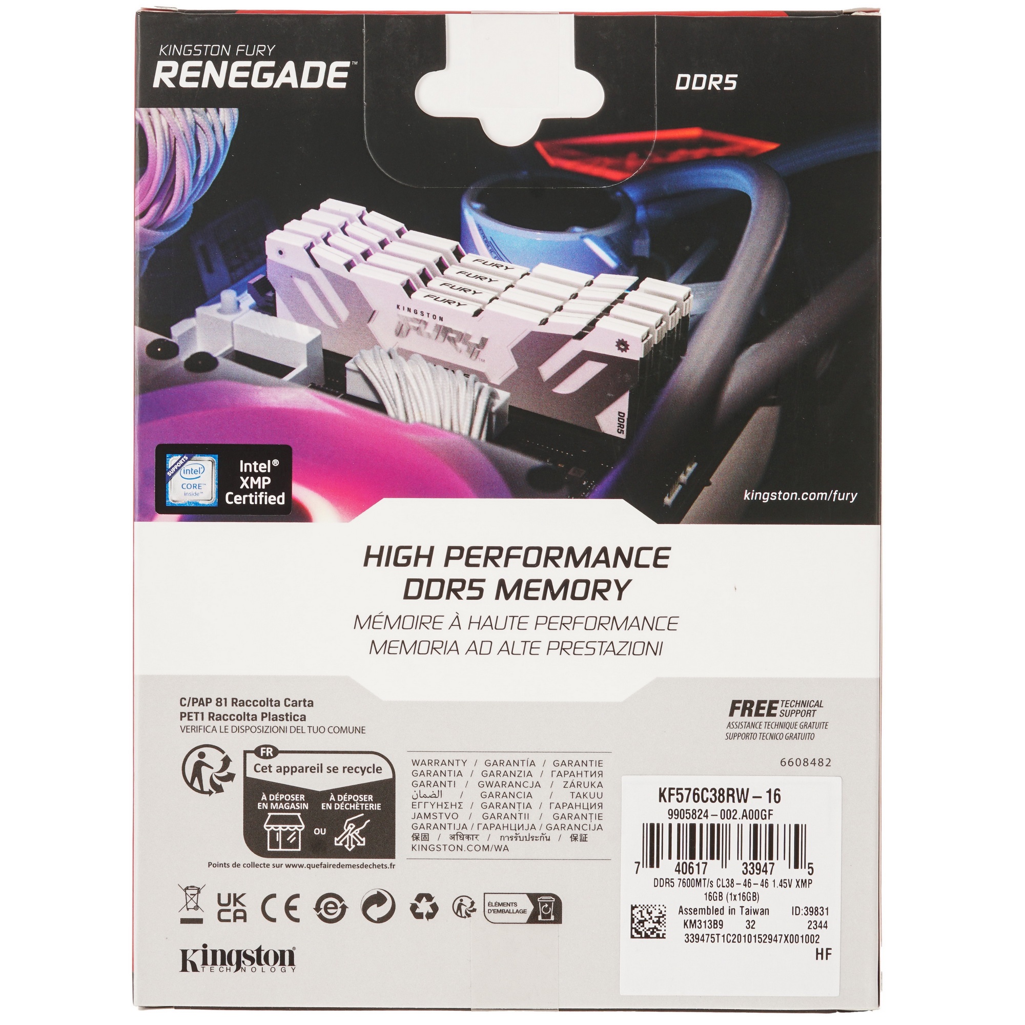 Оперативная память Kingston Fury Renegade, DDR5, 16GB (1x16 GB), 7600 MHz, CL38, радиатор, белый