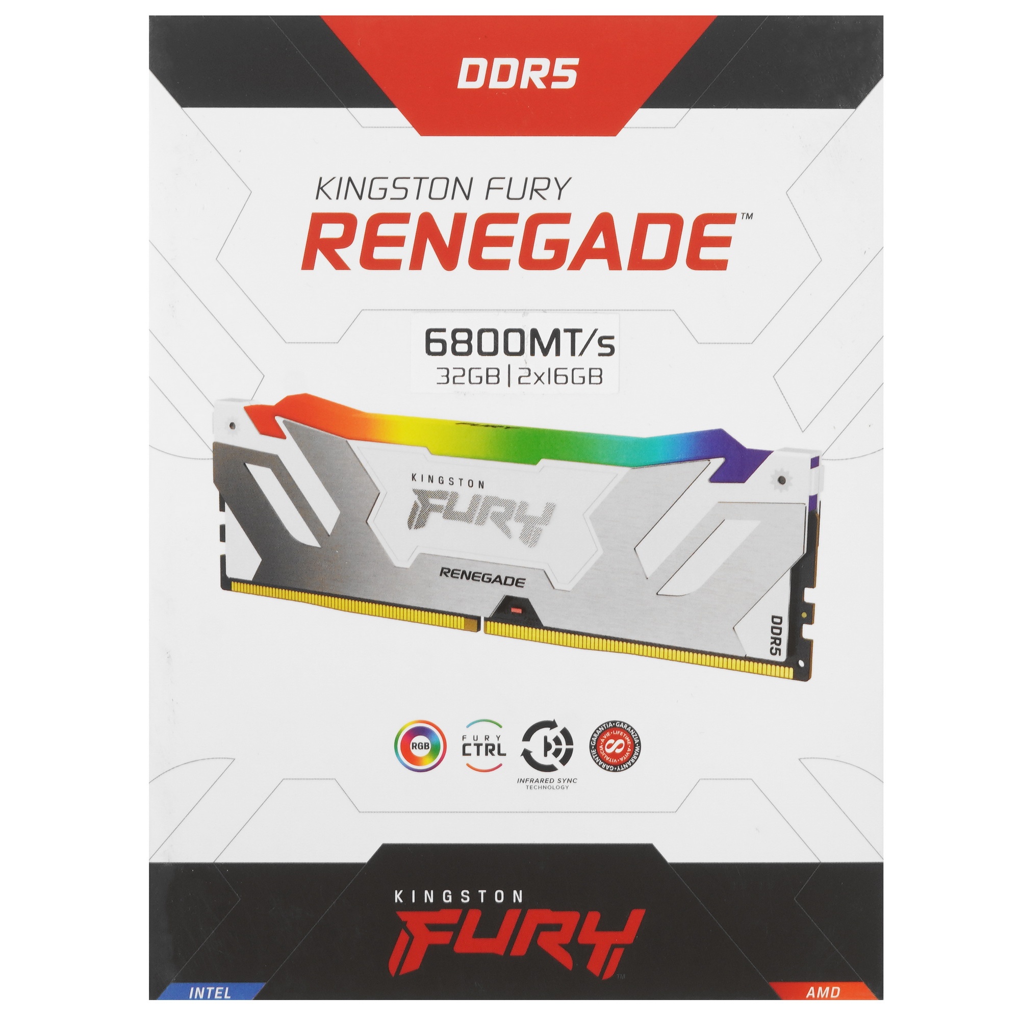 Оперативная память Kingston Fury Renegade, DDR5, 32GB (2x16GB), 6800MHz, CL36, с радиатором, RGB, бе