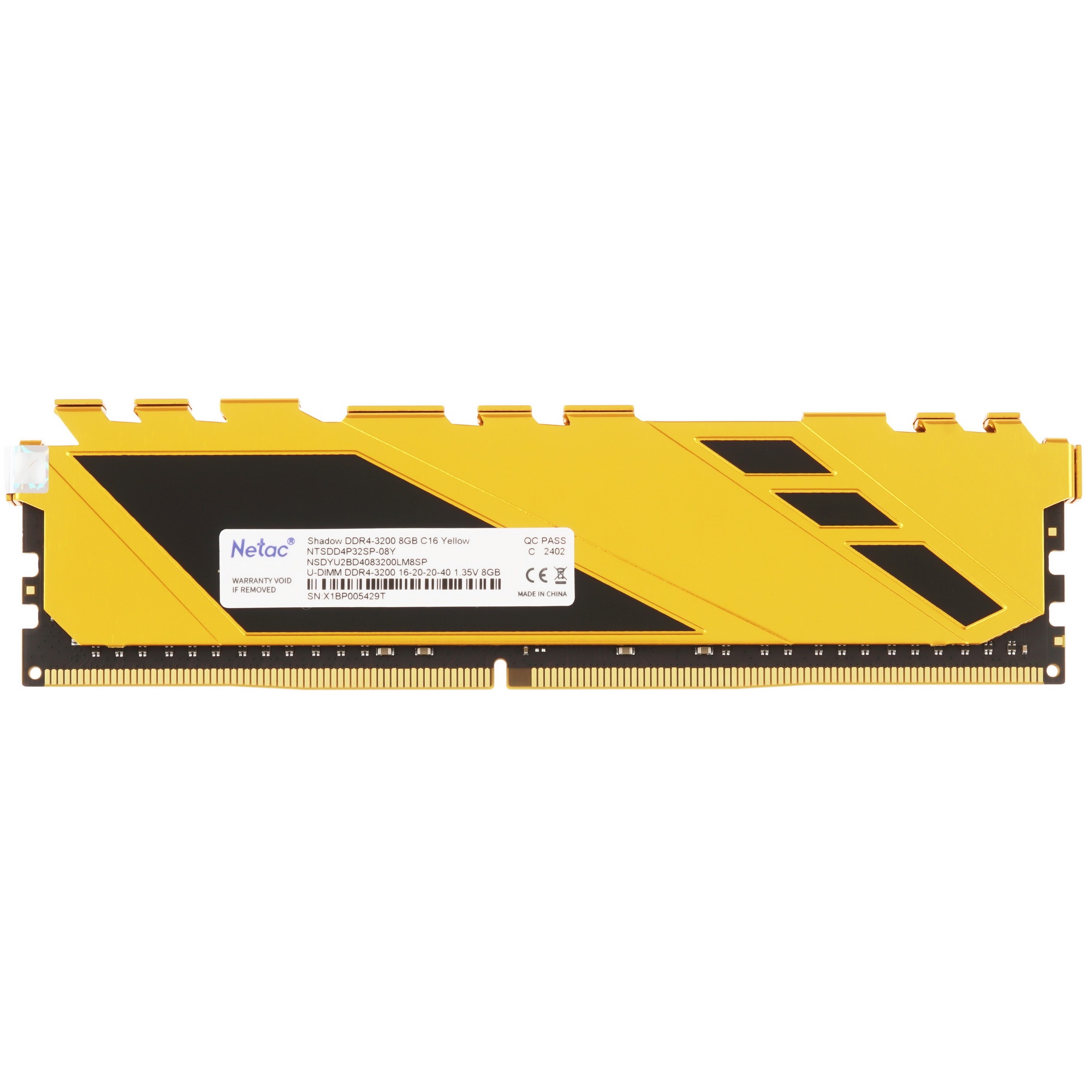 Оперативная память NETAC Shadow, DDR4, 8GB (1x8GB), 3200MHz, CL16, с радиаторами, желтый