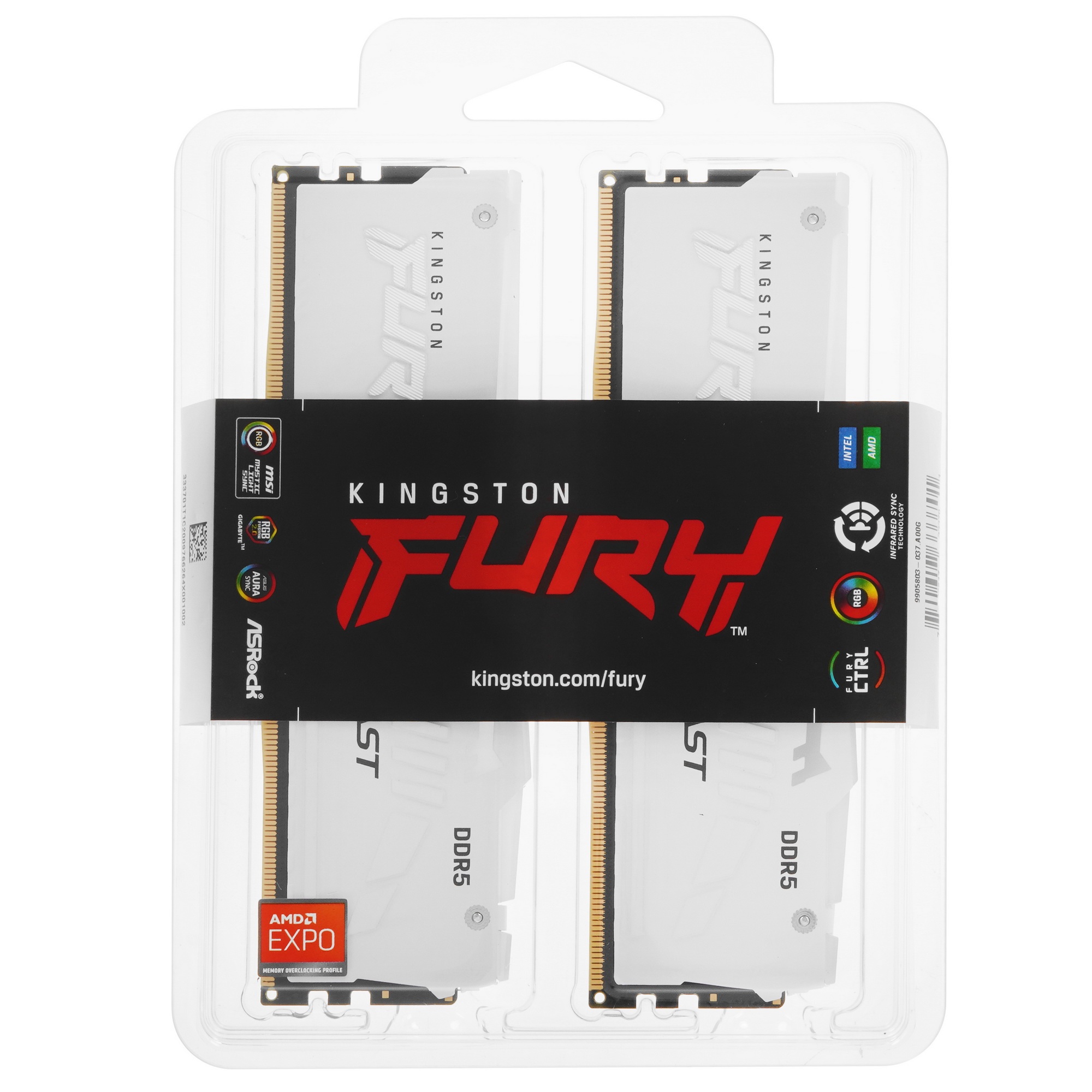 Оперативная память Kingston Fury Beast, DDR5, 32GB (2x16GB), 5600MHz, CL36, радиатор, RGB, белый