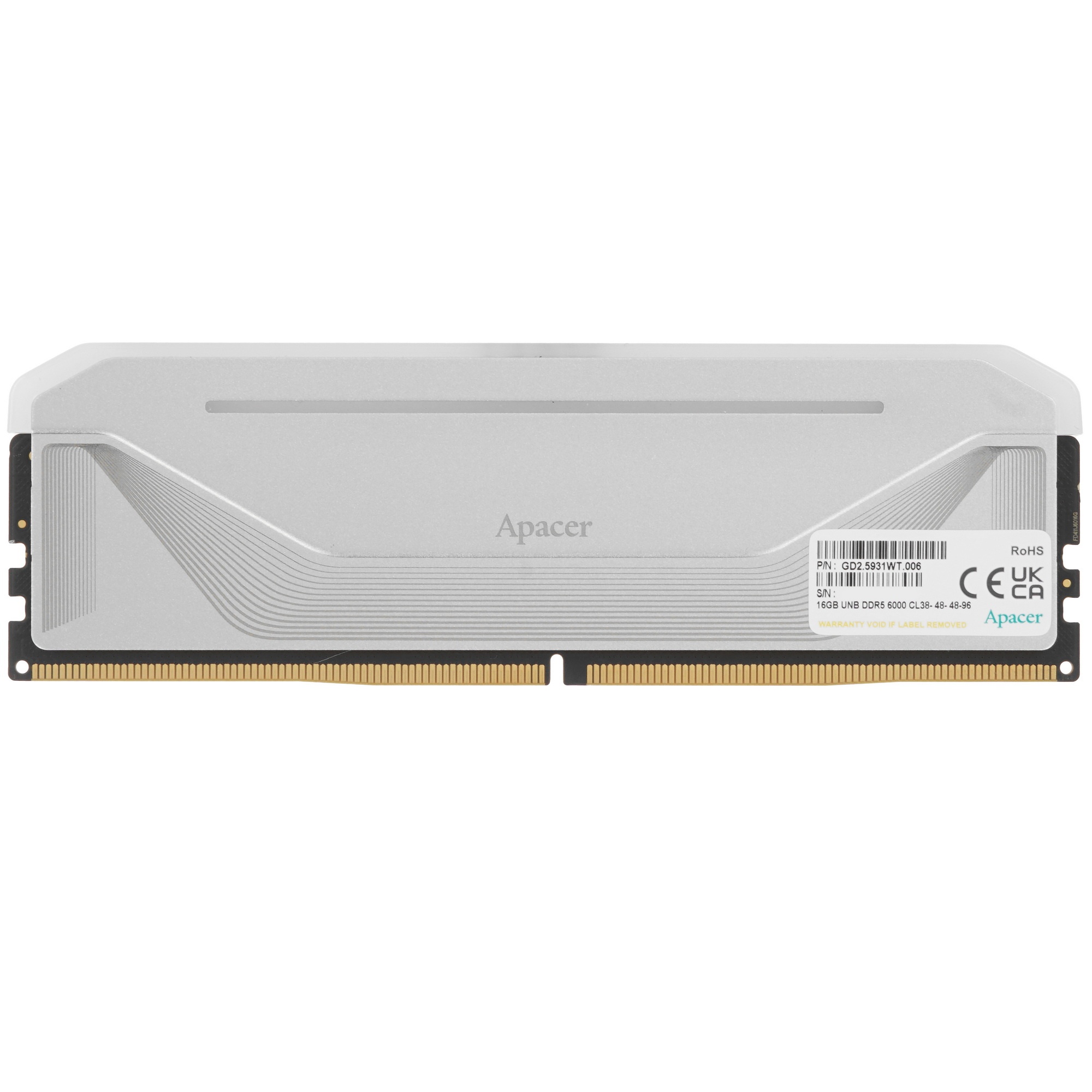 Оперативная память Apacer Nox, DDR5, 16GB (1x16 GB), 6000 MHz, CL38, радиатор, RGB, белый