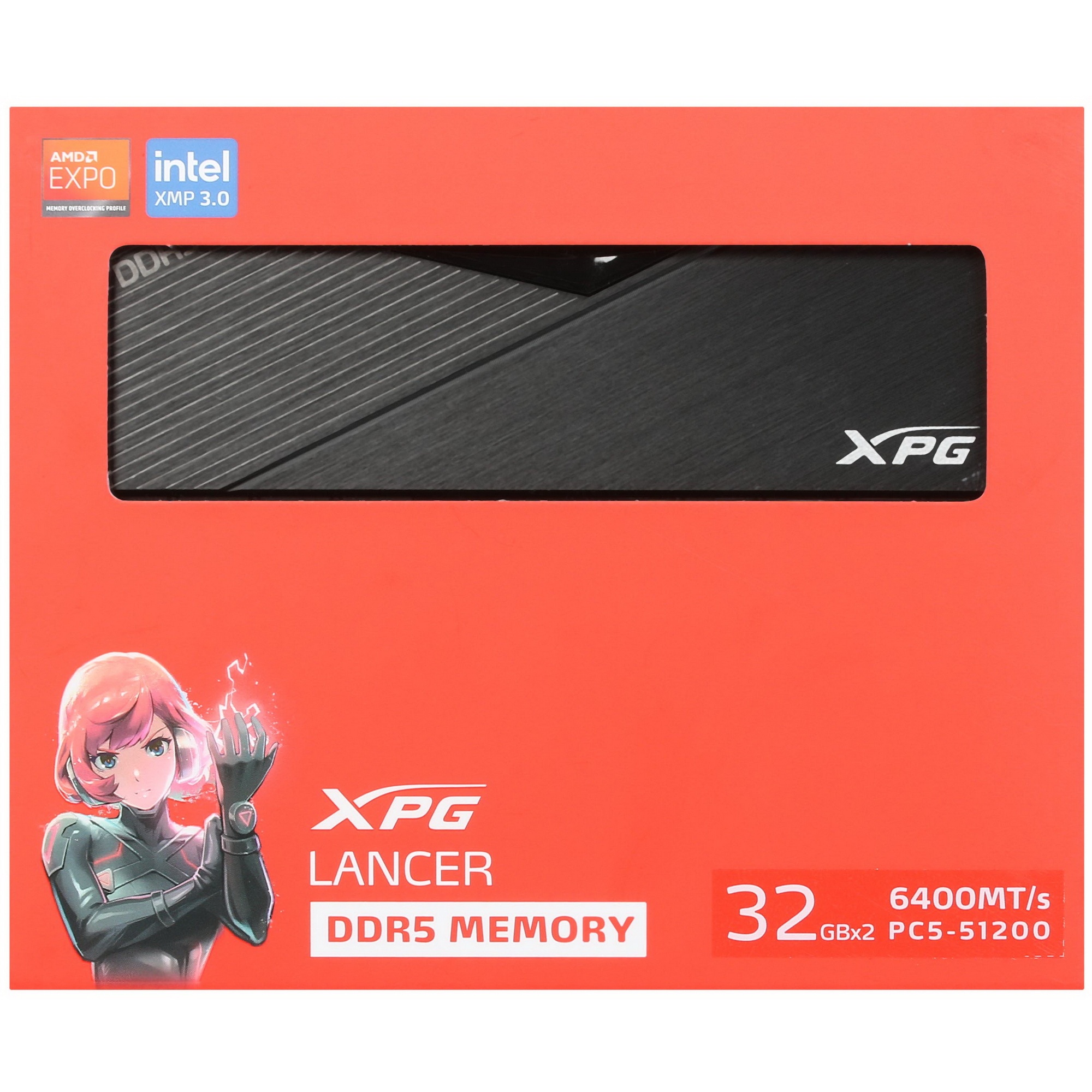 Оперативная память XPG Lancer, DDR5, 64GB (2x32GB), 6400MHz, CL32, с радиаторами, чёрный