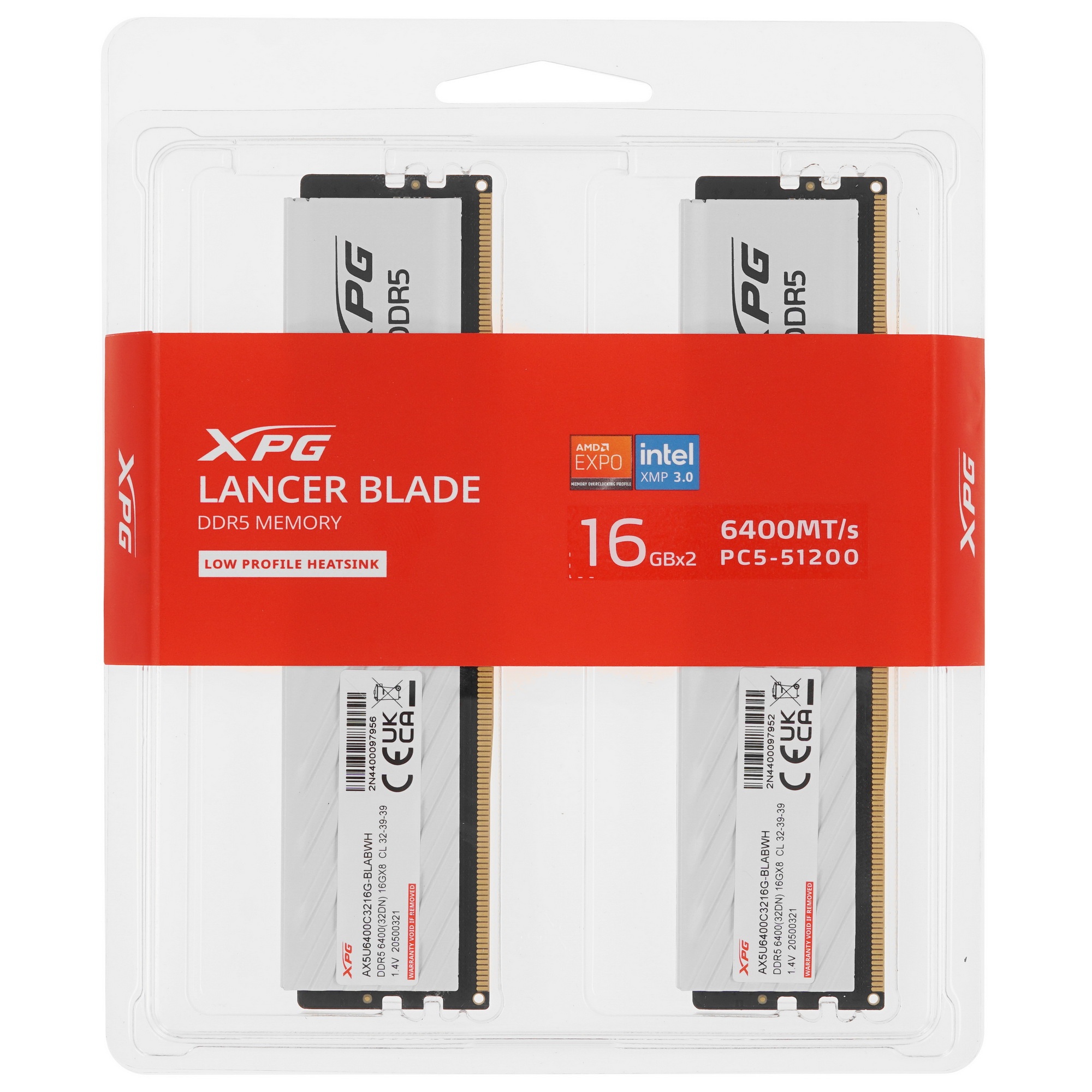 Оперативная память XPG Lancer Blade, DDR5, 32GB (2x16GB), 6400MHz, CL32, с радиаторами, белый