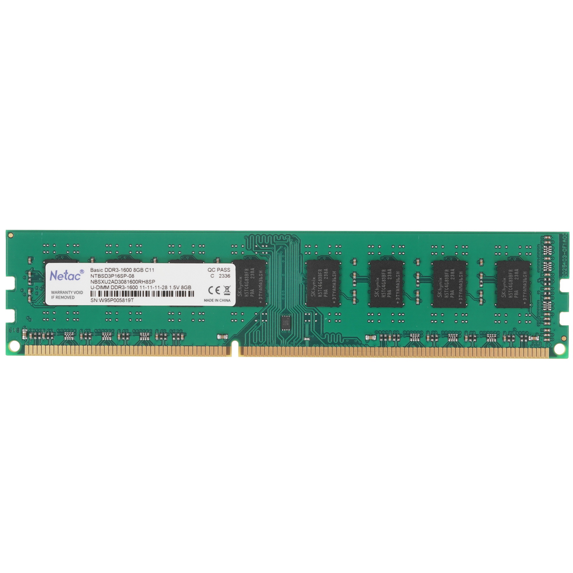 Оперативная память NETAC Basic, DDR3, 8GB (1x8GB), 1600MHz, CL11