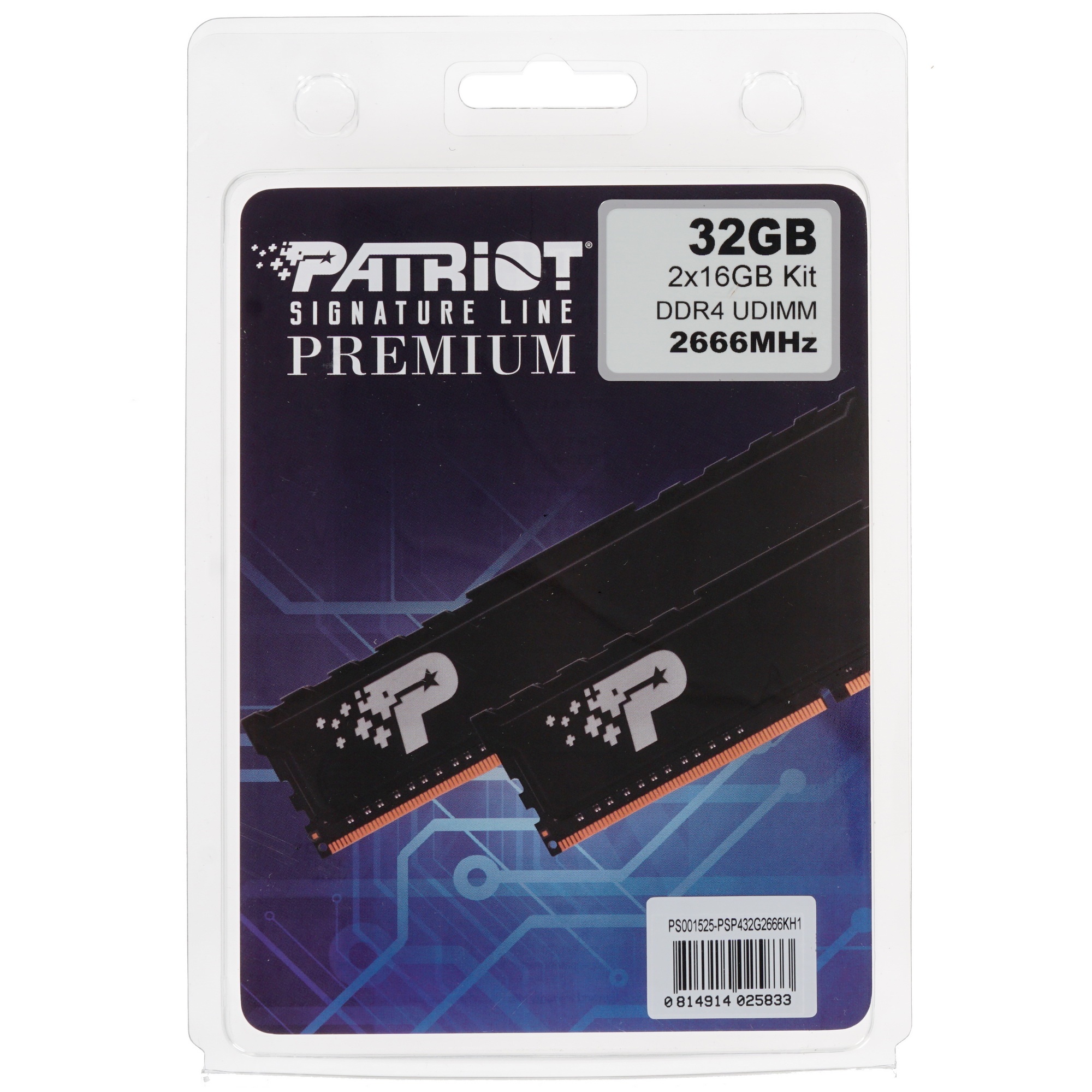 Оперативная память Patriot Signature Premium, DDR4, 32GB (2x16 GB), 2666 MHz, CL19, радиатор, чёрный