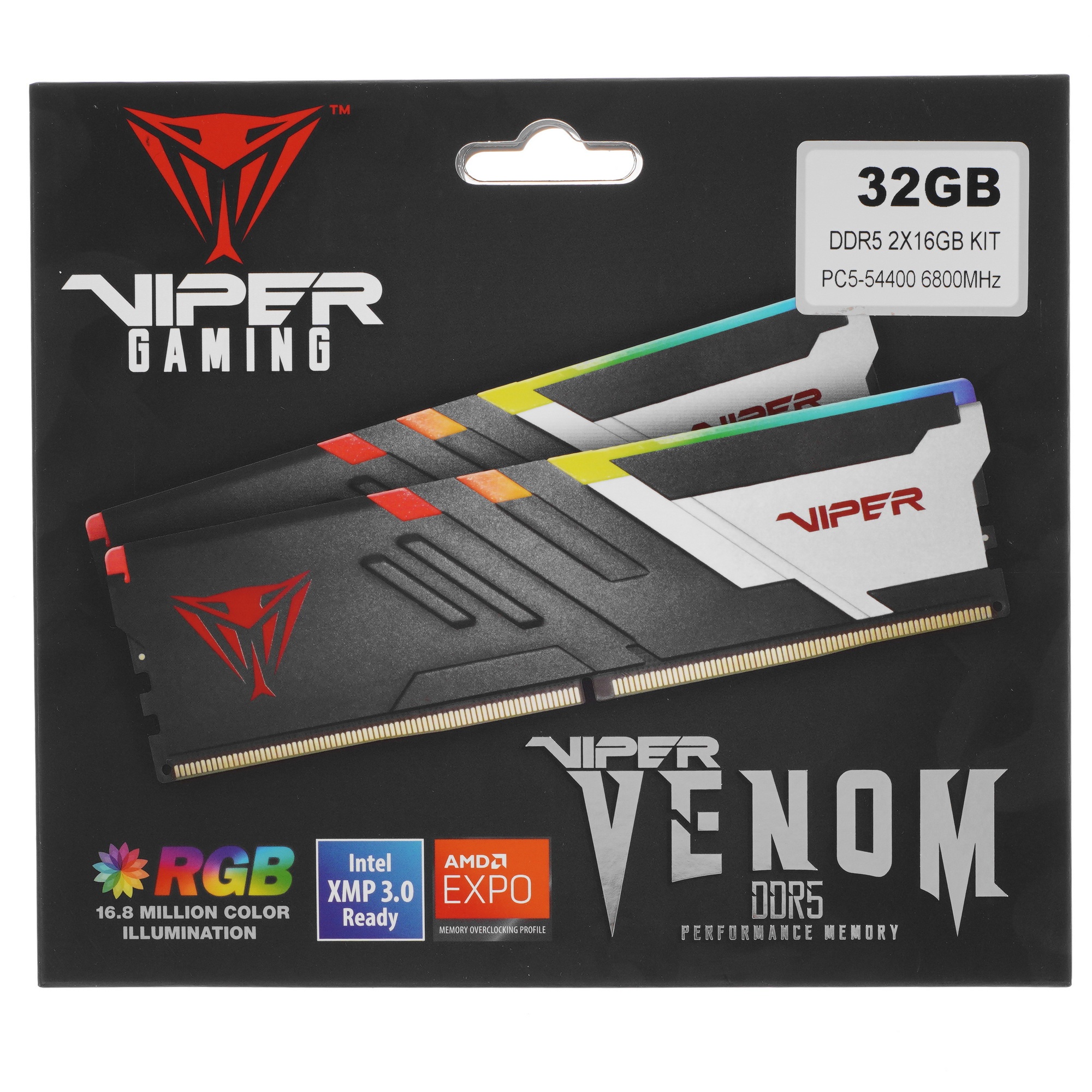 Оперативная память Patriot Viper Venom, DDR5, 32GB (2x16GB), 6800MHz, CL34, с радиаторами, RGB, черн