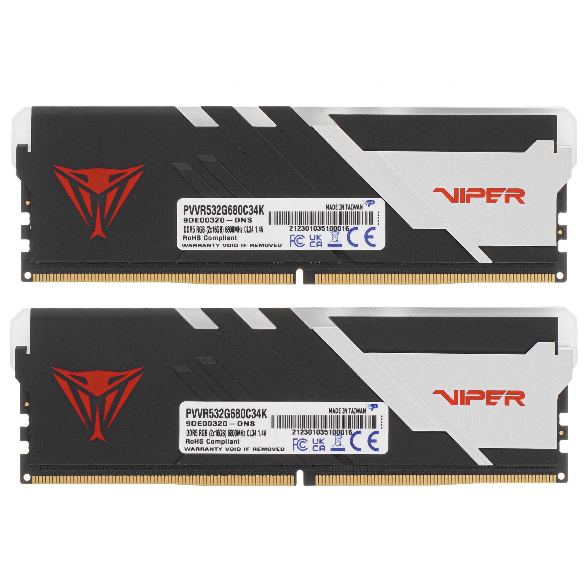 Оперативная память Patriot Viper Venom, DDR5, 32GB (2x16GB), 6800MHz, CL34, с радиаторами, RGB, черн