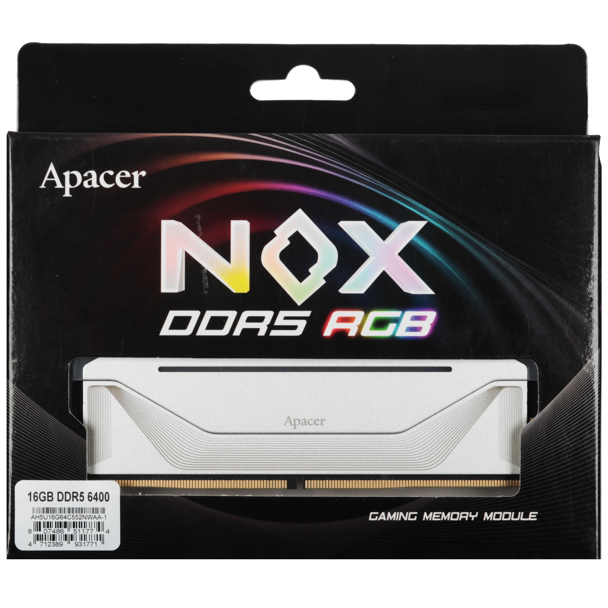 Оперативная память Apacer Nox, DDR5, 16GB (1x16 GB), 6400 MHz, CL32, радиатор, RGB, белый