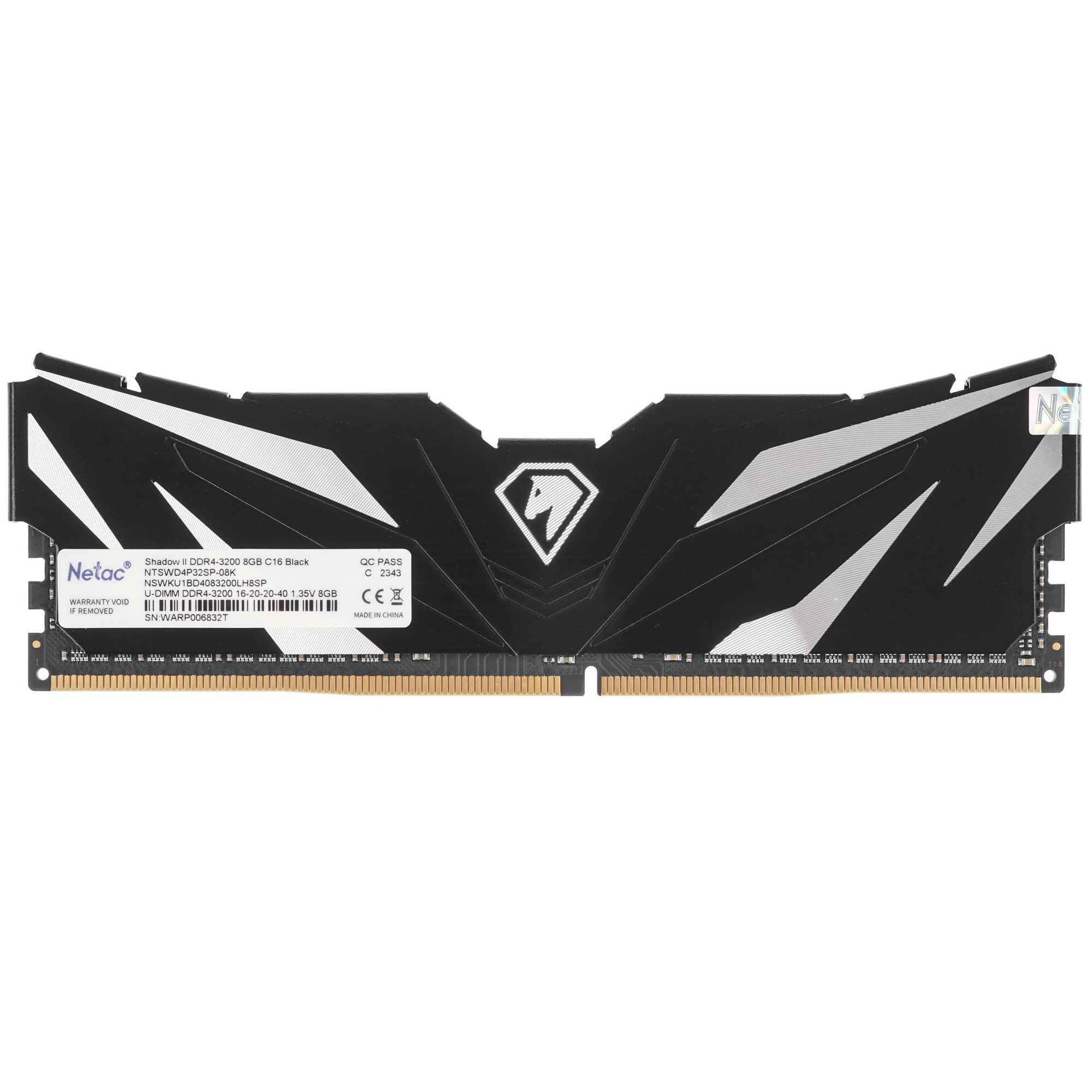 Оперативная память NETAC, DDR4, 8GB (1x8GB), 3200MHz, CL16, с радиатором, чёрный