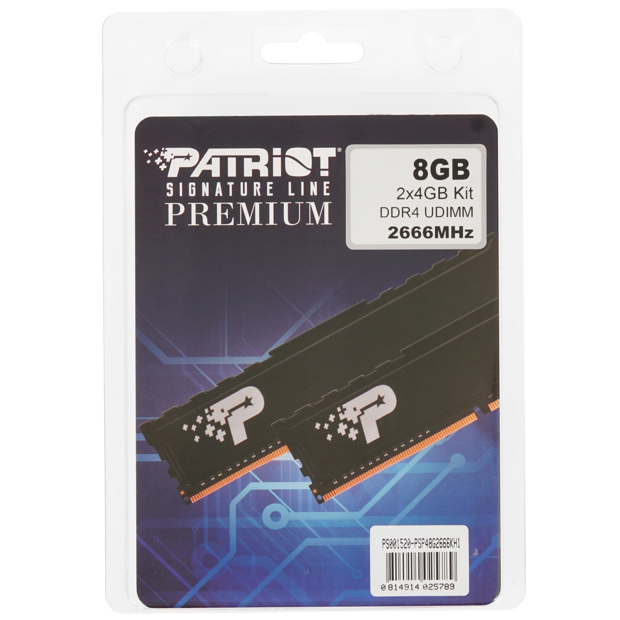Оперативная память Patriot Signature Premium, DDR4, 8GB (2x4 GB), 2666 MHz, CL19, радиатор, чёрный