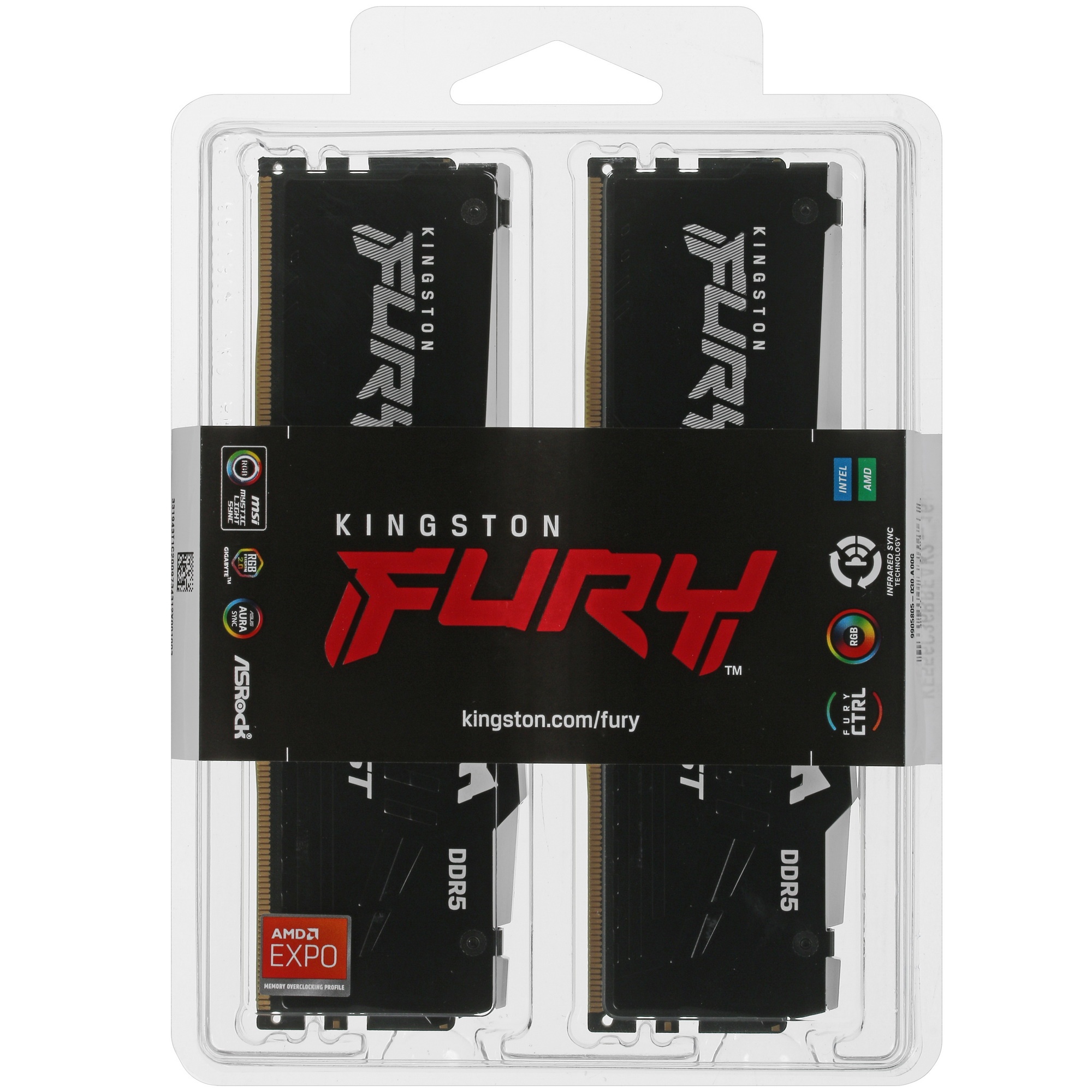 Оперативная память Kingston Fury Beast, DDR5, 16GB (2x8GB), 5600MHz, CL36, с радиаторами, RGB, черны
