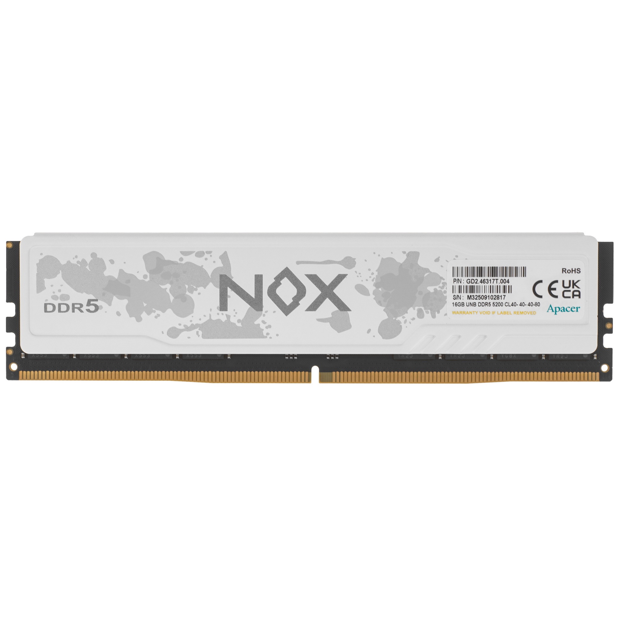 Оперативная память Apacer Nox, DDR5, 16GB (1x16 GB), 5200 MHz, CL40, радиатор, белый
